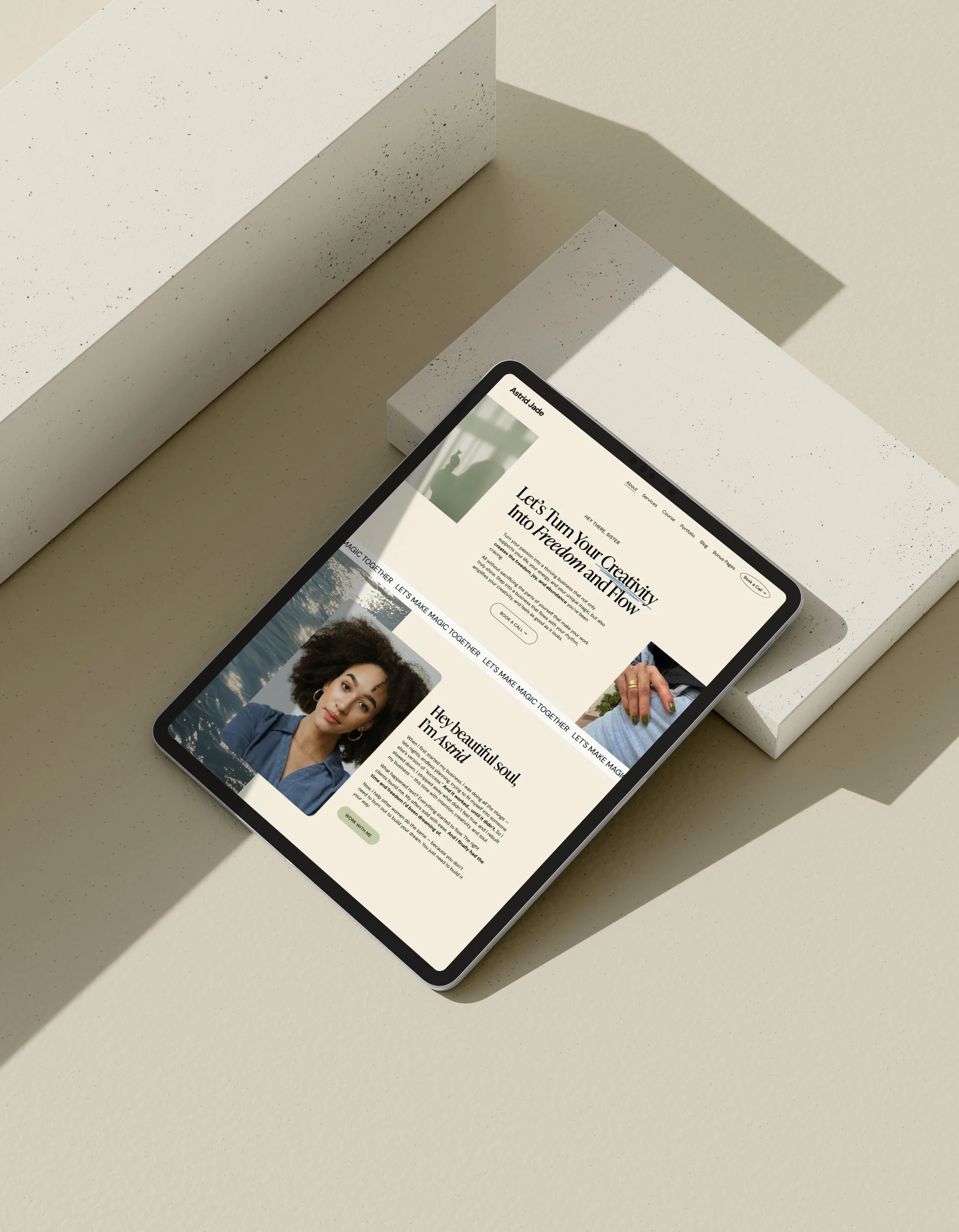 A tablet displaying a responsive and mobile-optimized website for small biz owners using an affordable Squarespace template from Heythere Studio.
