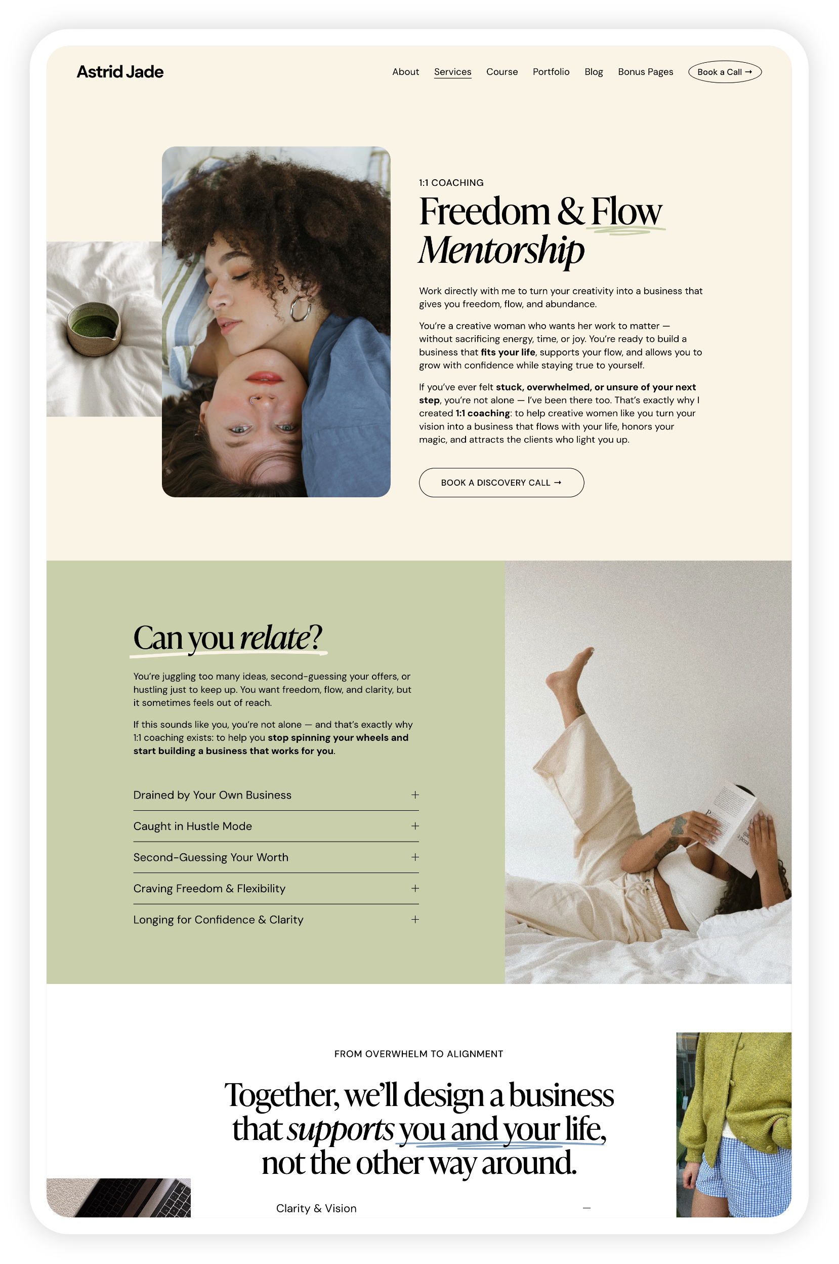 Screenshot of a personal coaching website using the drag-and-drop Astrid Jade Squarespace template by Heythere Studio with photos of women and introductory text about mentorship and building a small business.