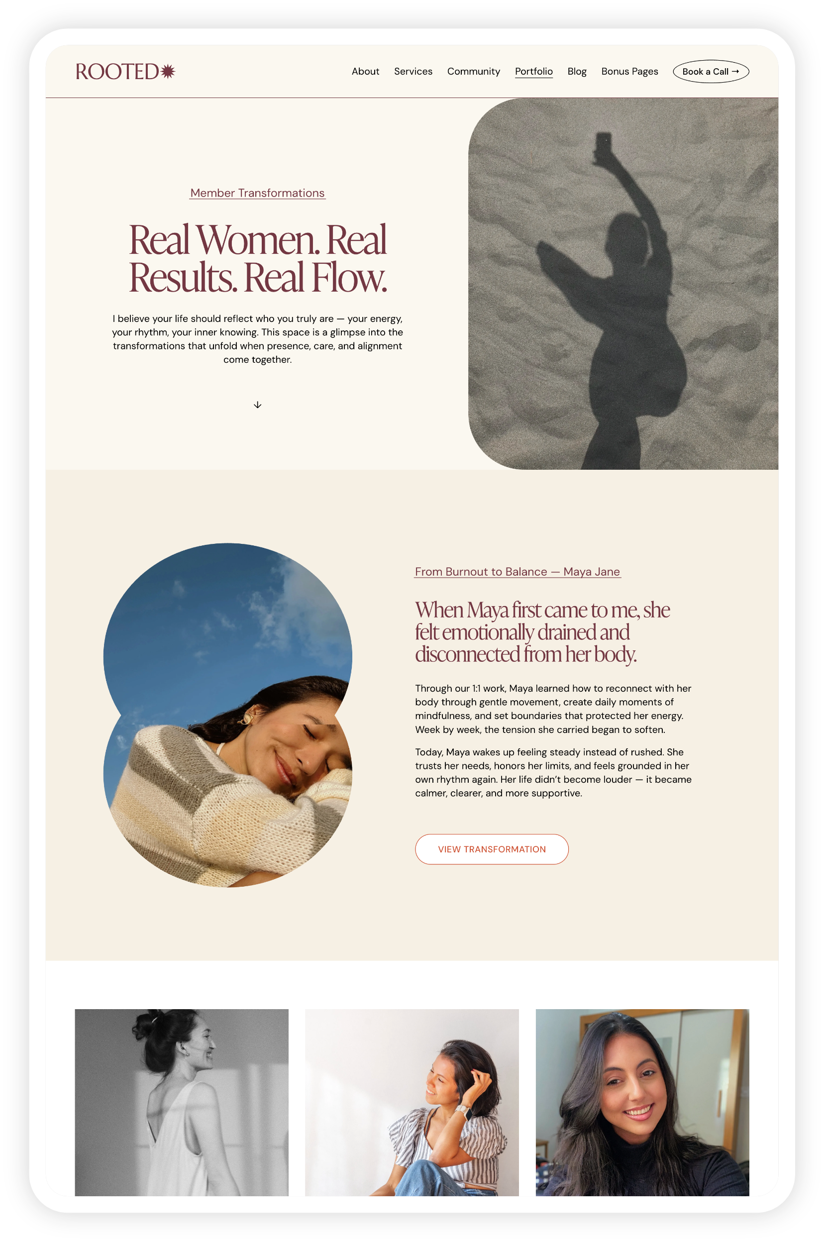 Website homepage using a customized Rooted Squarespace template w/ a focus on real women and their transformation stories, featuring a shadow photo of a person on a sandy surface, a smiling woman resting outdoors, and smaller photos of diverse women.