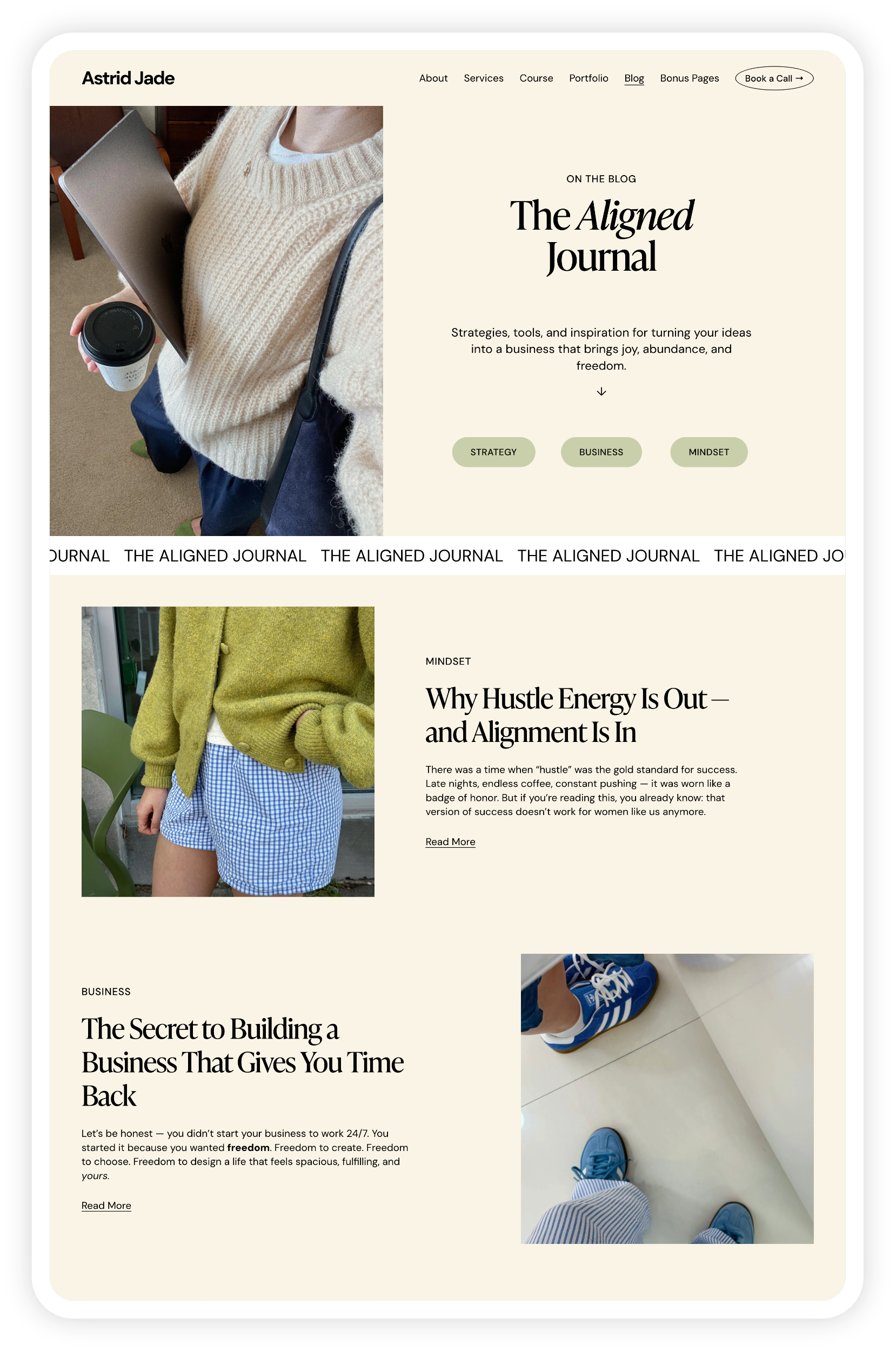 A screenshot of a personal blog website for content creators using the Astrid Jade custom Squarespace template featuring articles on mindset and business strategies, with photos of people in casual outfits and sneakers.