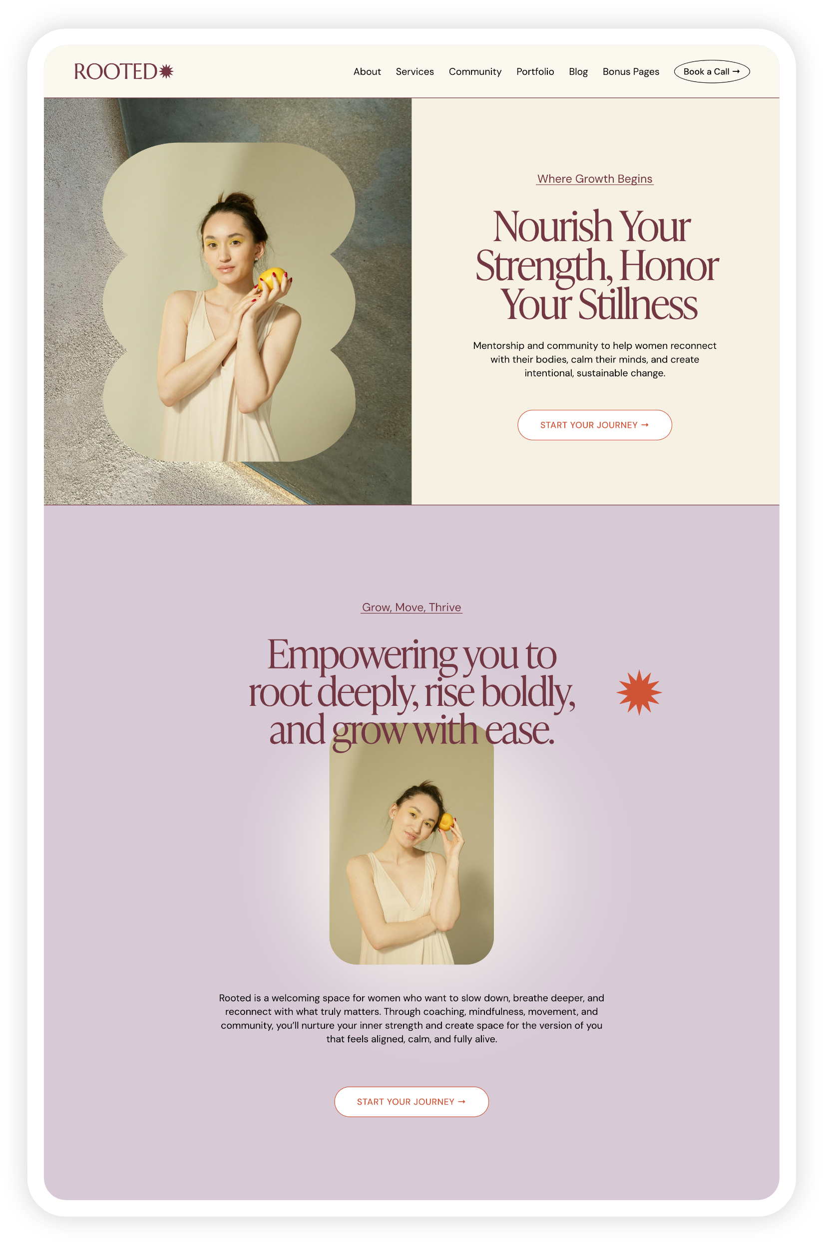 Screenshot of a wellness website built on the ROOTED Squarespace template from Heythere Studio, featuring a woman holding an apple, with text promoting growth, strength, and community for women.