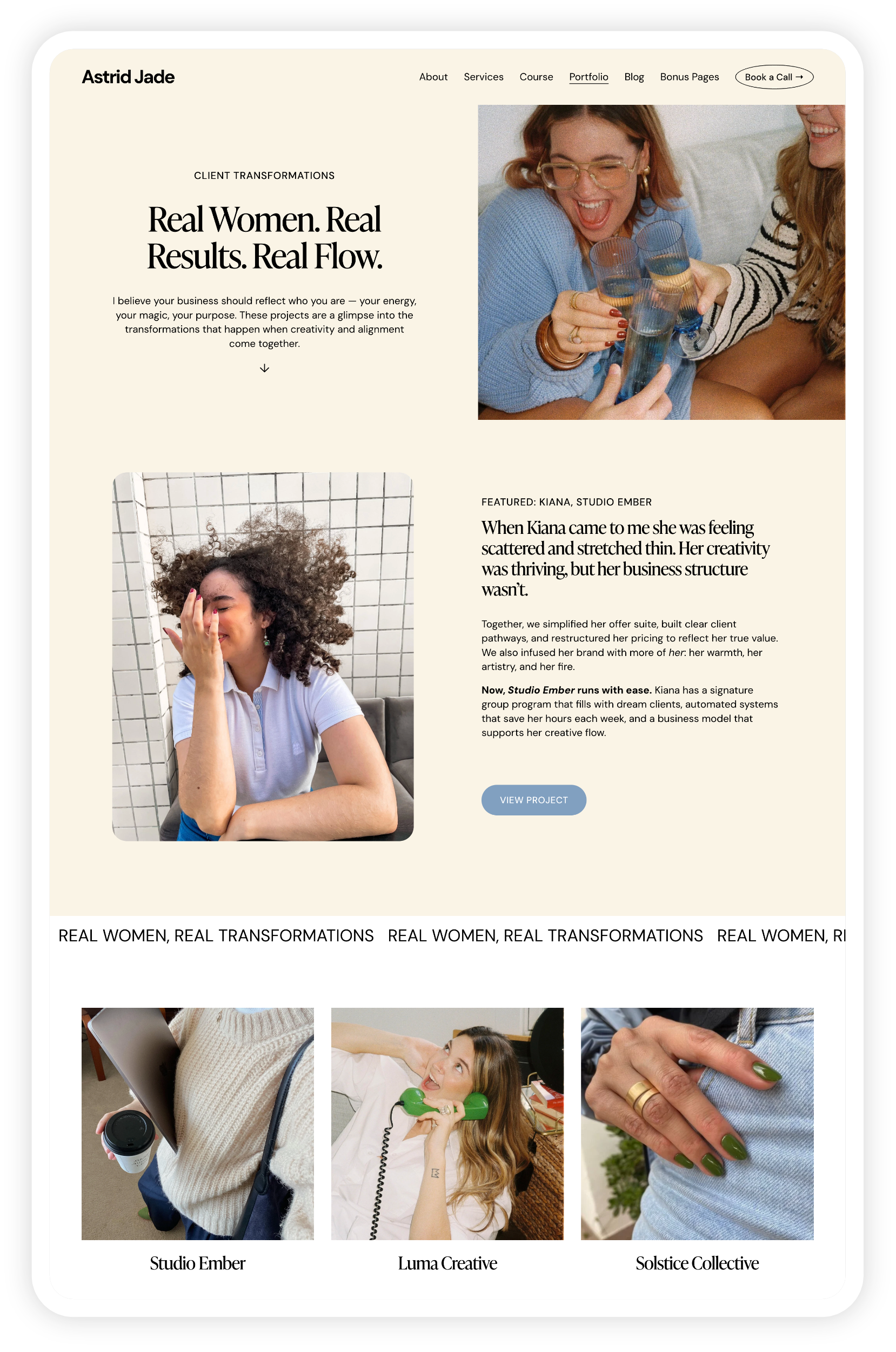 Screenshot of  Astrid Jade minimalist Squarespace template from Heythere Studio, focusing on client transformations. The page features navigation links for About, Services, Course, Portfolio, Blog, Bonus Pages, and a Book a Call button.