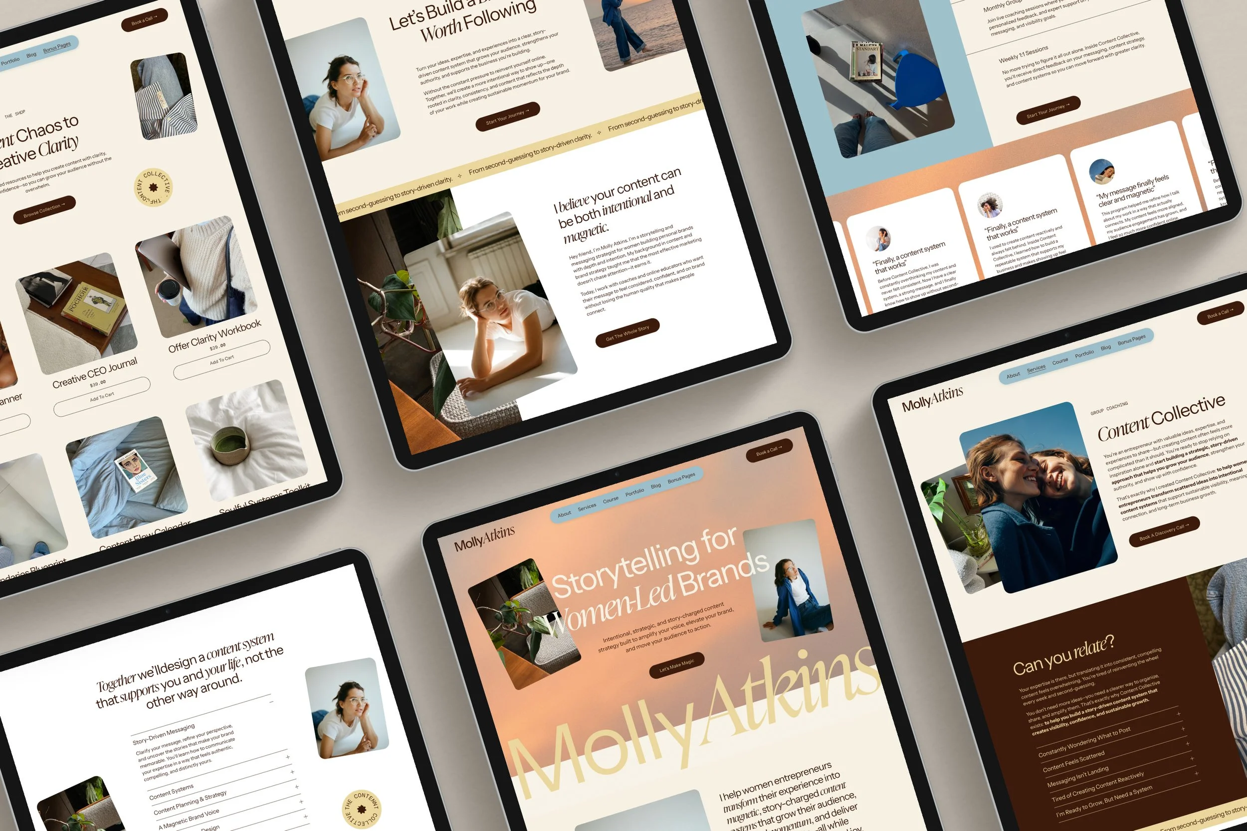 Multiple tablets displaying wellness and self-care website pages all built using the affordable drag and drop Squarespace website templates from Heythere Studio.