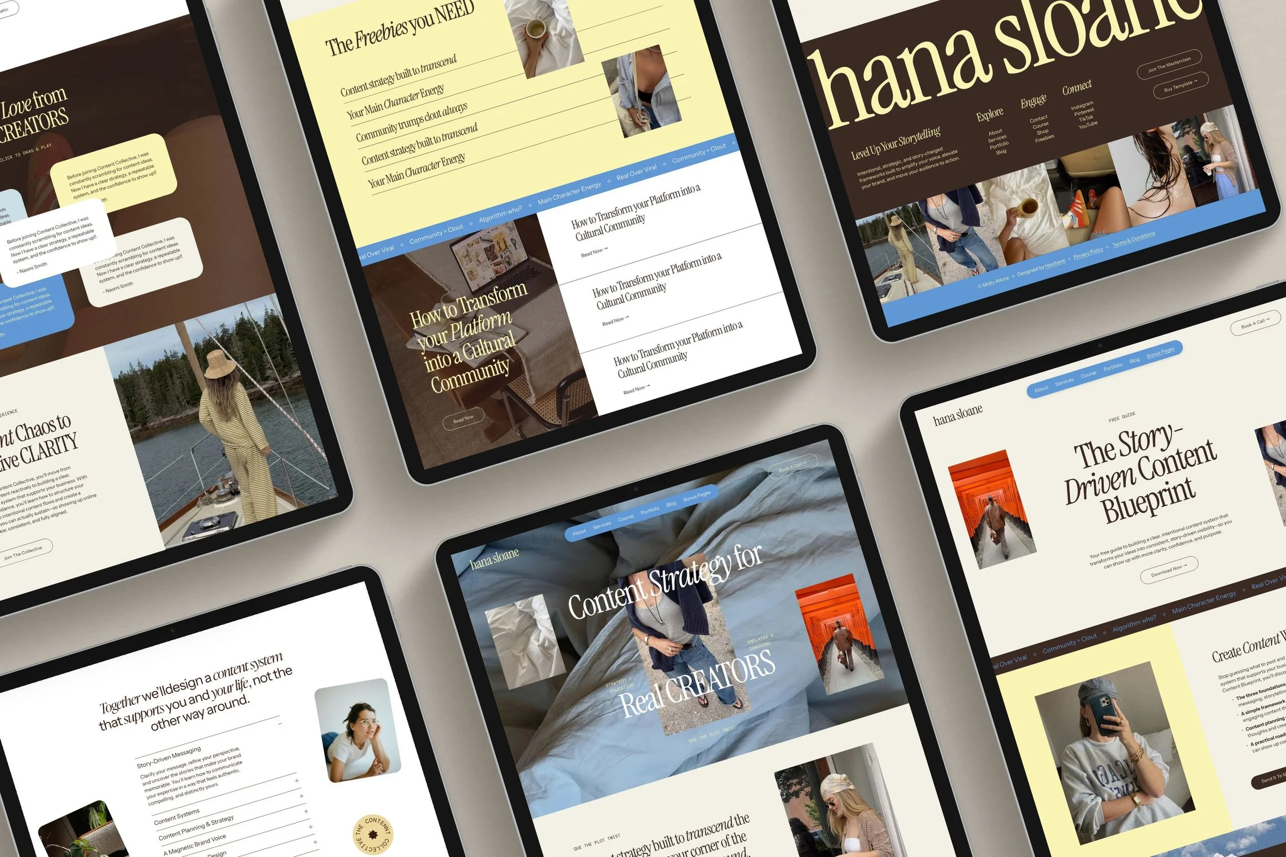 Multiple tablets displaying wellness and self-care website pages all built using the affordable drag and drop Squarespace website templates from Heythere Studio.