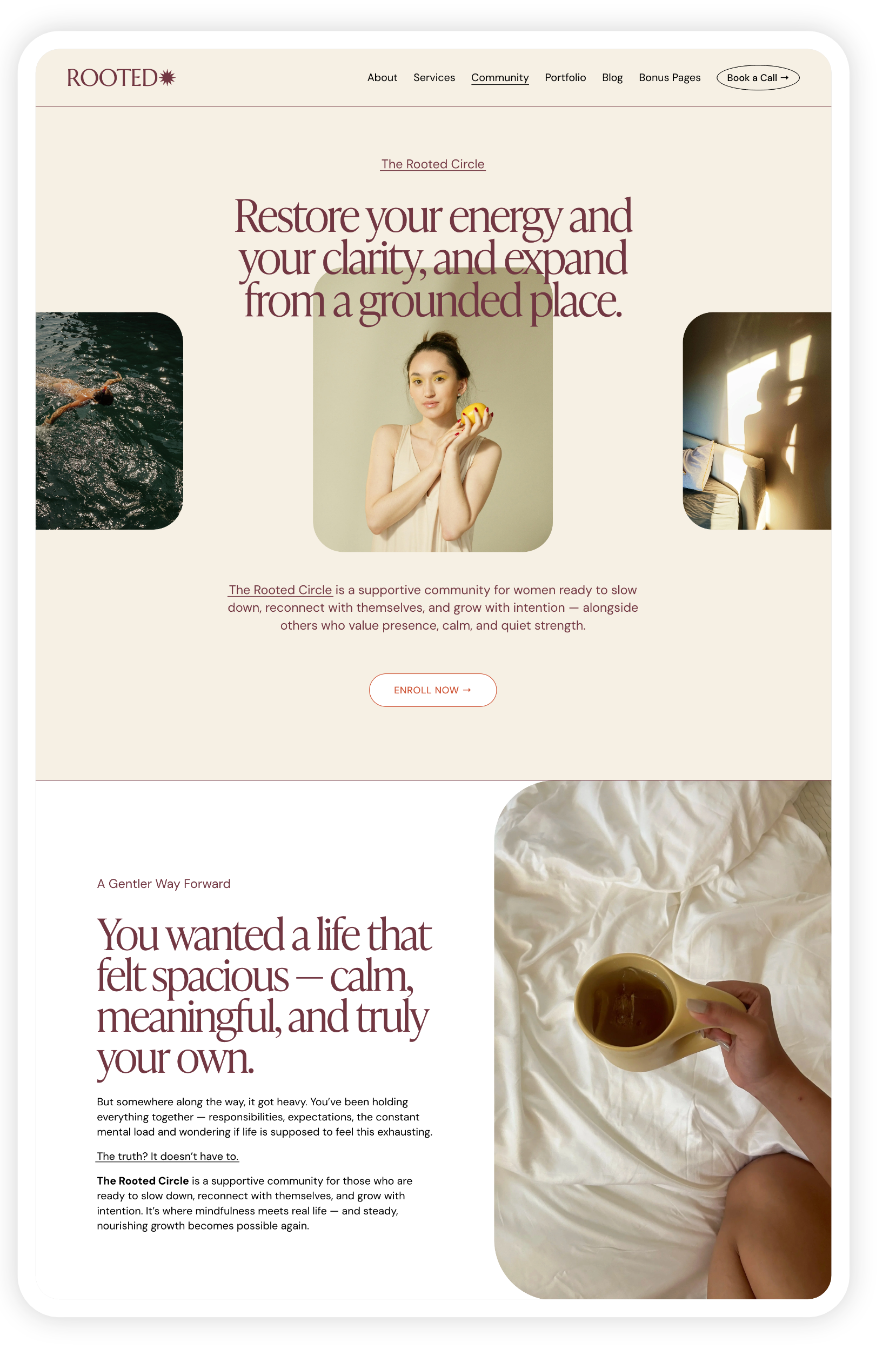 Website homepage for Rooted, a supportive community for women focused on self-care, mindfulness, and personal growth. Features a navigation menu, a call-to-action button, and images of a woman, swimming, a shadowed figure in a room, and a hand holding a mug on a bed.