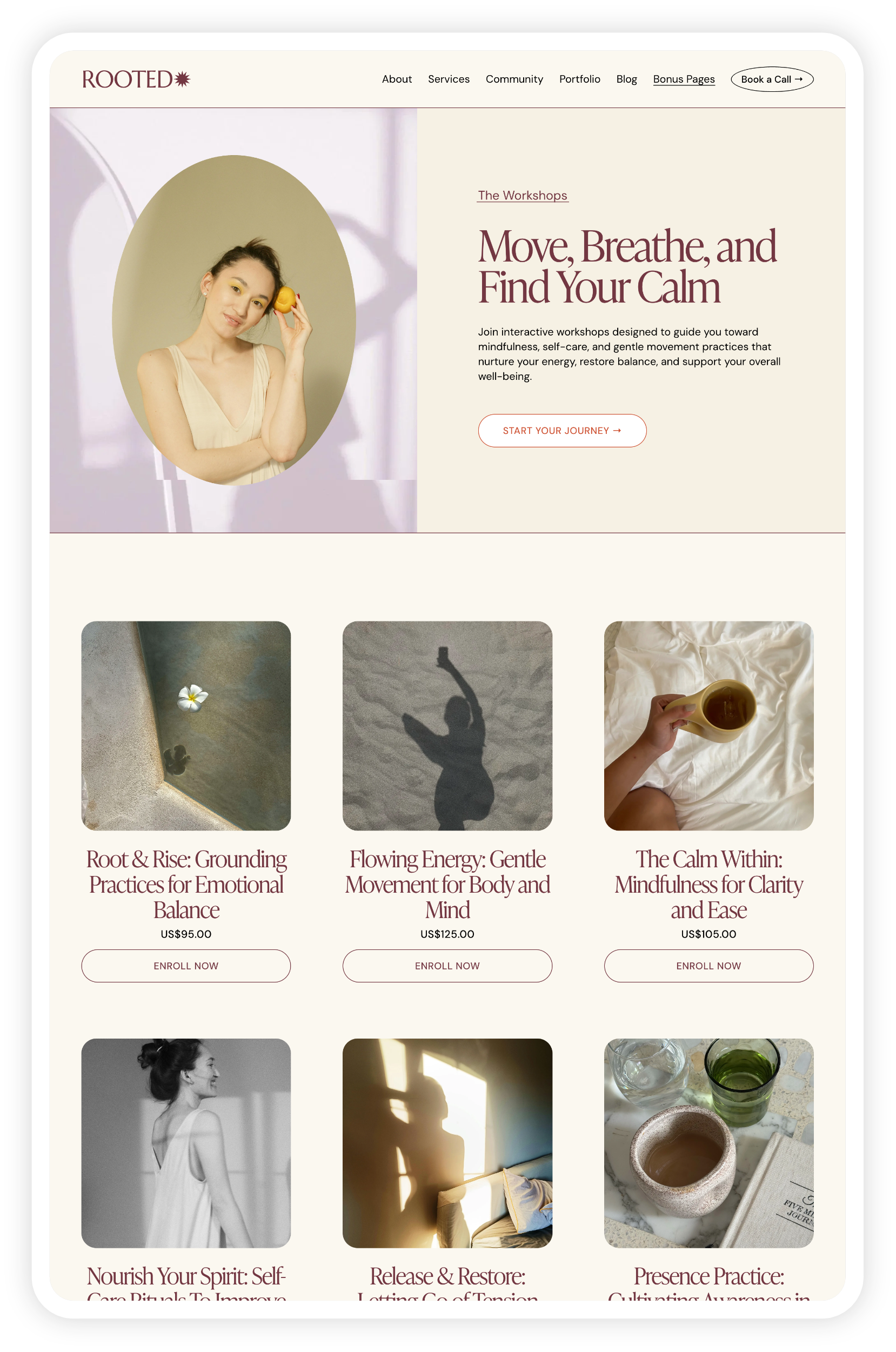 Homepage of the Rooted wellness website template for Squarespace featuring a woman holding a lemon, with sections on mindfulness workshops and health practices.
