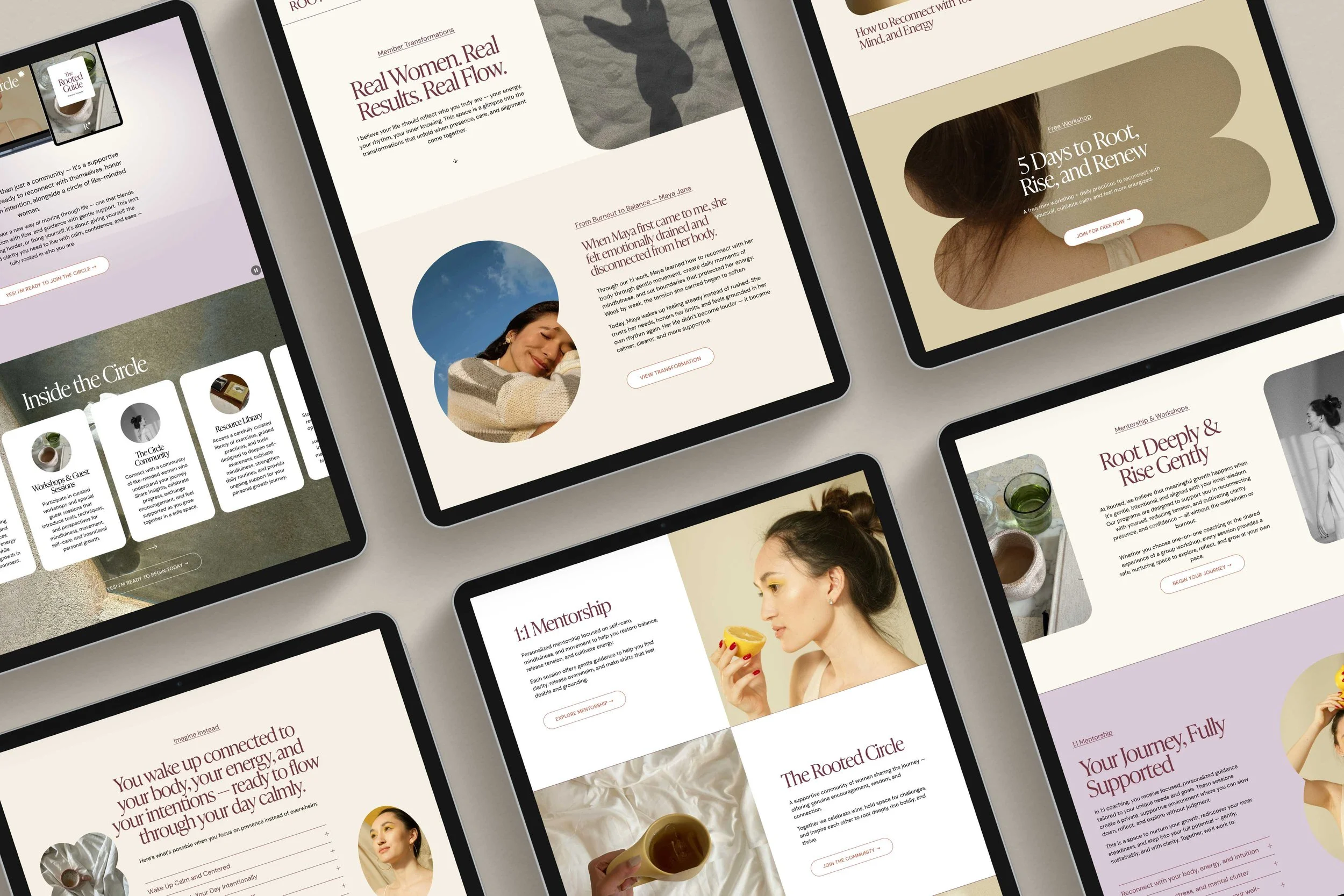 Multiple digital screens showing website pages related to wellness, mindfulness, and self-care, including images of women, a cup of tea, and soothing design elements.
