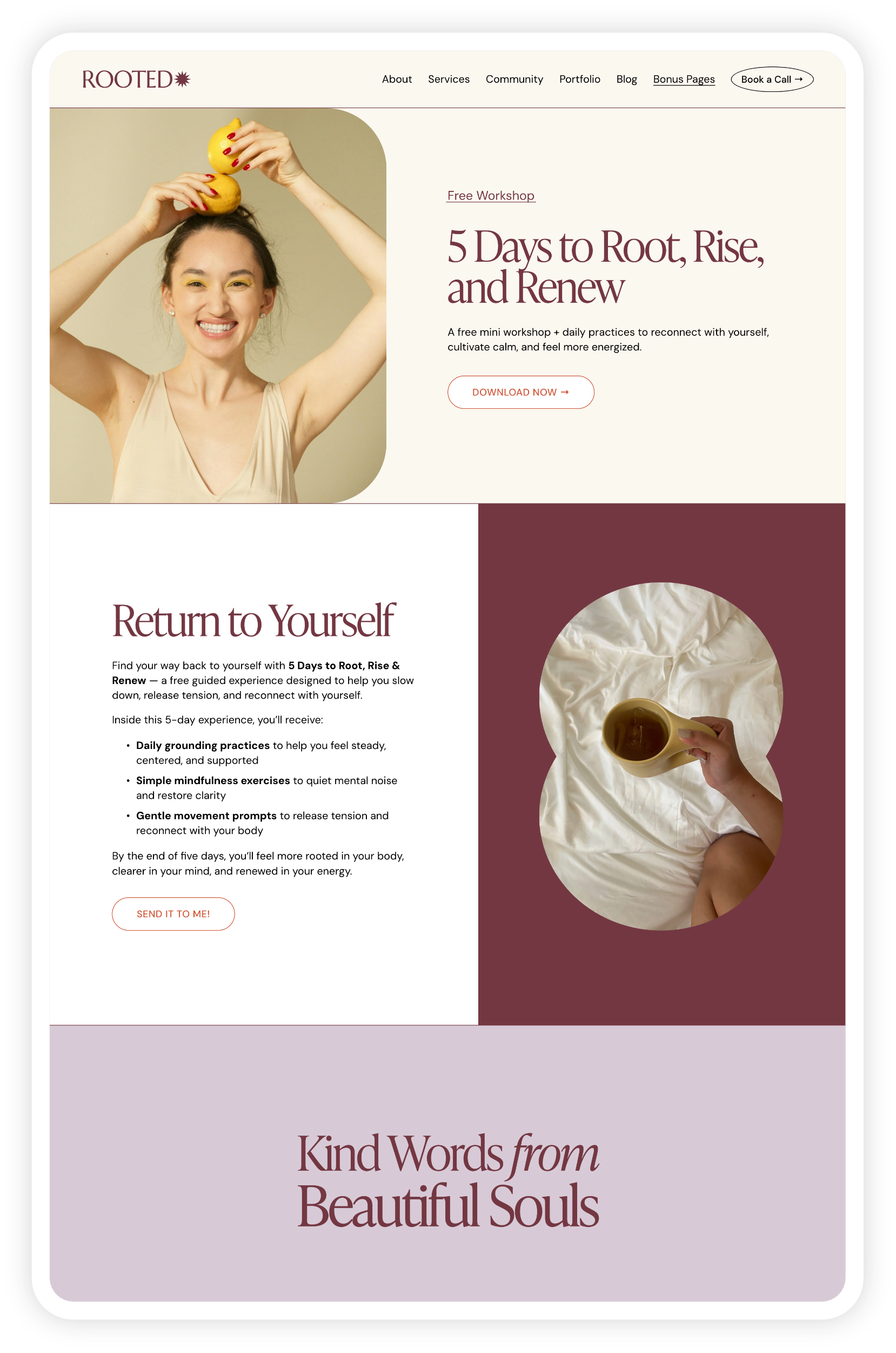 A customized website using the affordable DIY Squarespace template called Rooted, offered by the premium design studio Heythere.