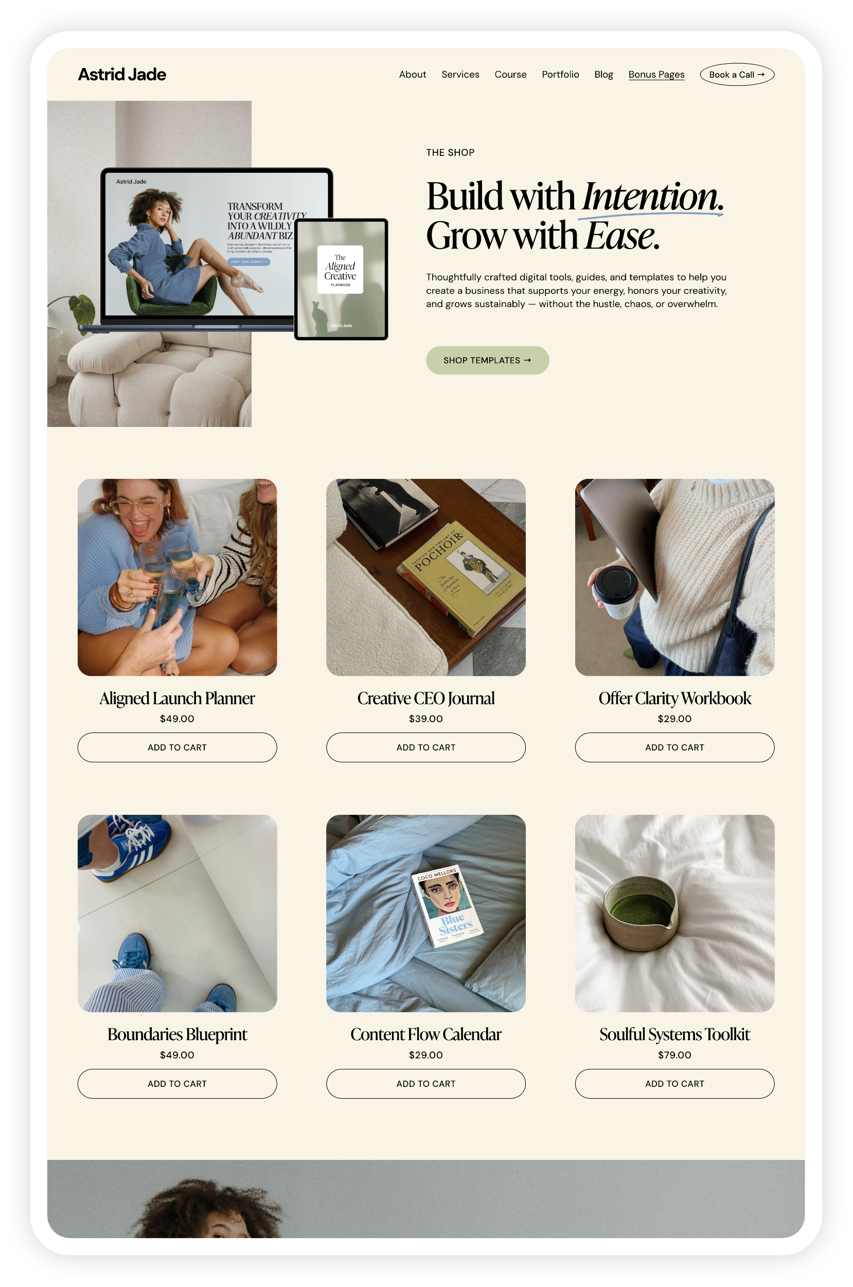 Screenshot of a customized website using the DIY Astrid Jade Squarespace template from Heythere Studio, showcasing digital tools and templates for creative business growth, with a shop section with prices and add-to-cart buttons.