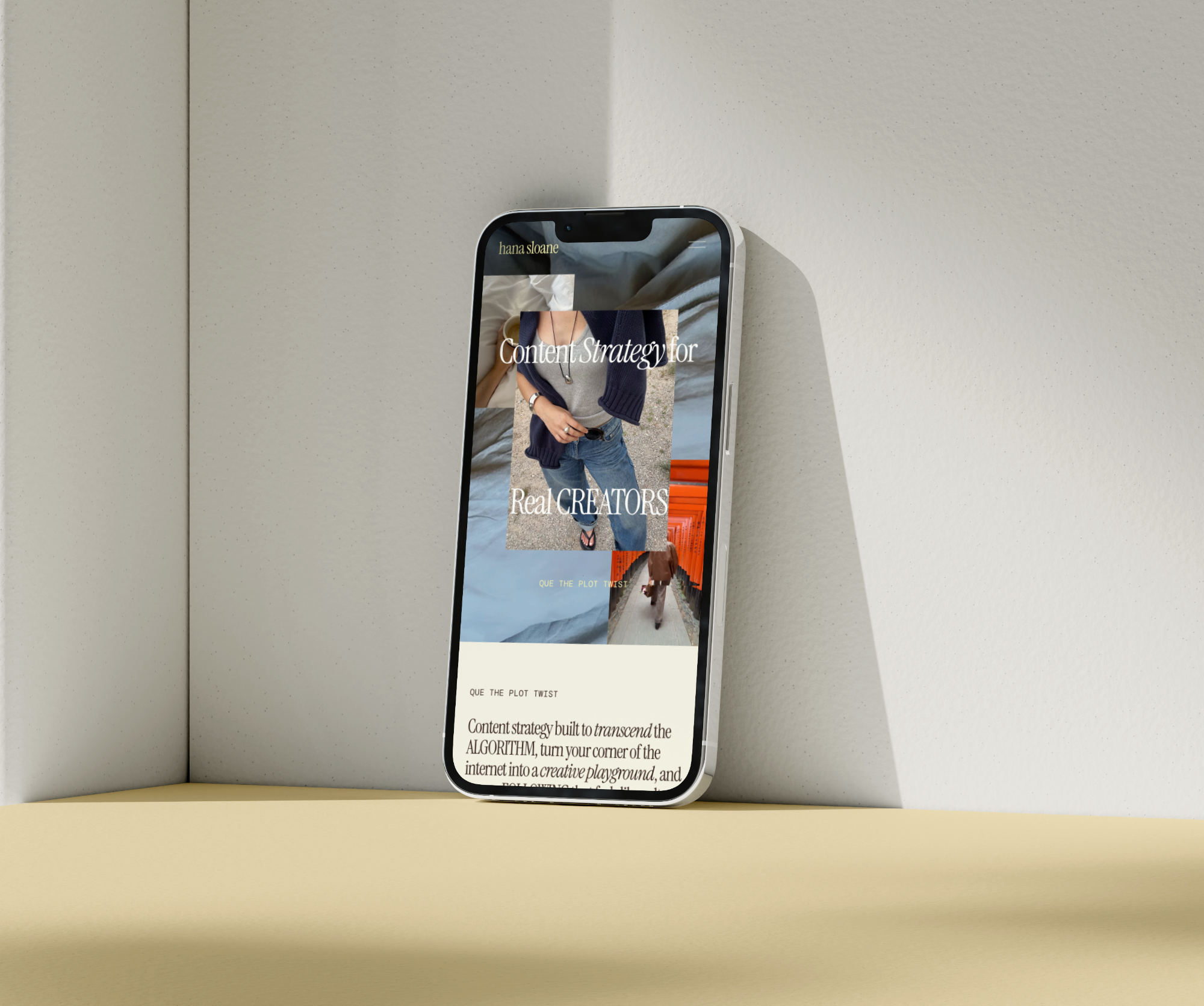A smartphone displays a webpage for holistic, intentional, and conscious digital content creators using a premium Squarespace template from Heythere Studio.