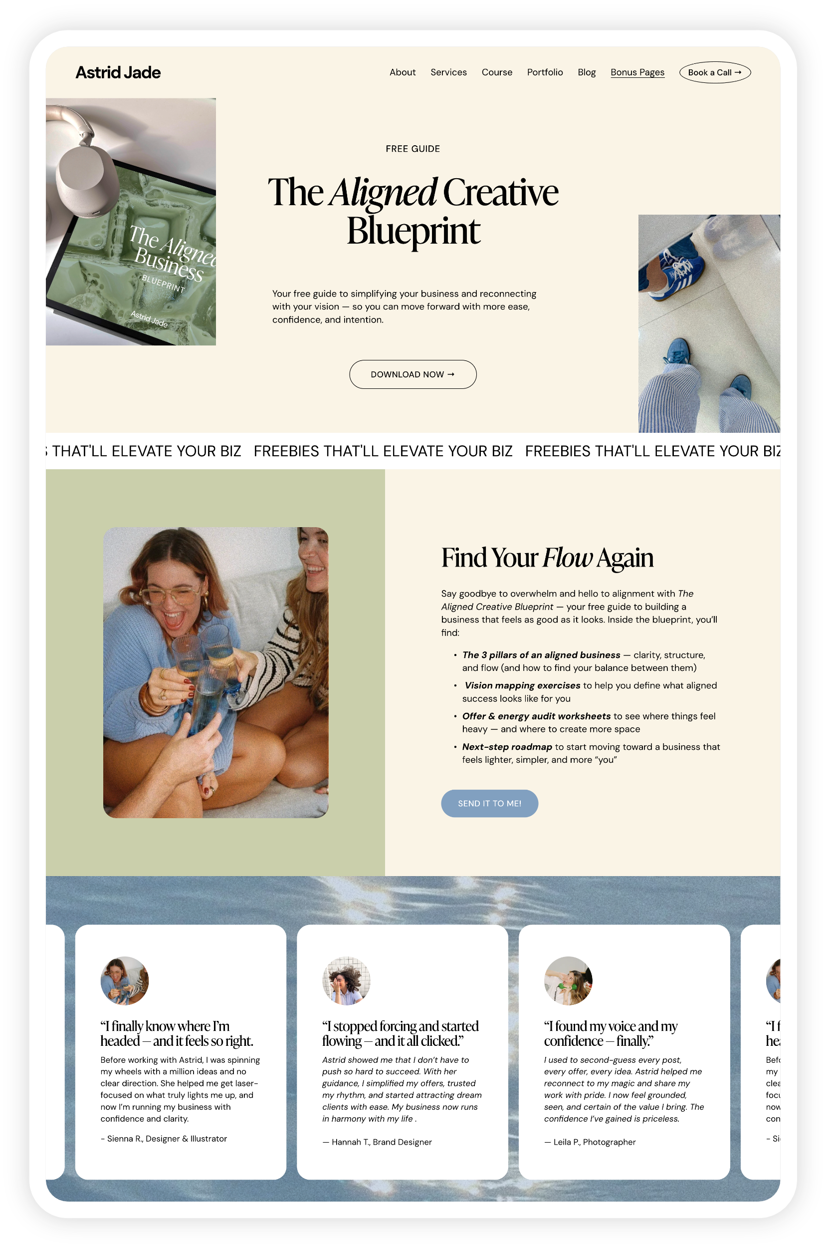 Screenshot of a website homepage built with the drag-and-drop Astrid Jade premium Squarespace template for small businesses, showcasing free guides on business alignment, with a navigation menu, images of people, and testimonial quotes.