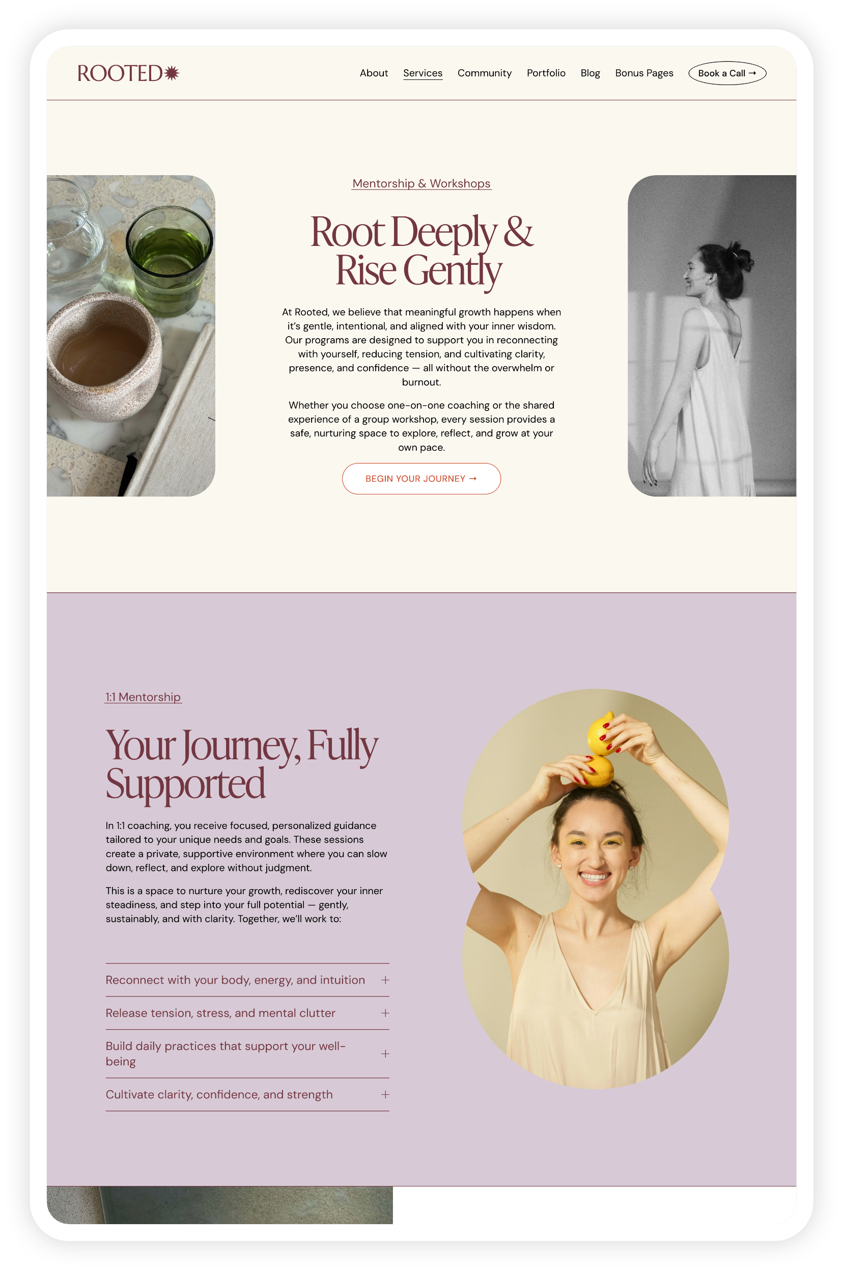 Screenshot of a wellness website named 'Rooted' featuring sections on mentorship, workshops, and coaching services. The top section shows a photo of a glass of green tea, water, and a bowl on a table, with a woman in a white dress smiling in black-and-white beside the text. The bottom section highlights personalized, supported coaching with an image of a woman smiling and holding a rubber duck on her head, against a lavender background.