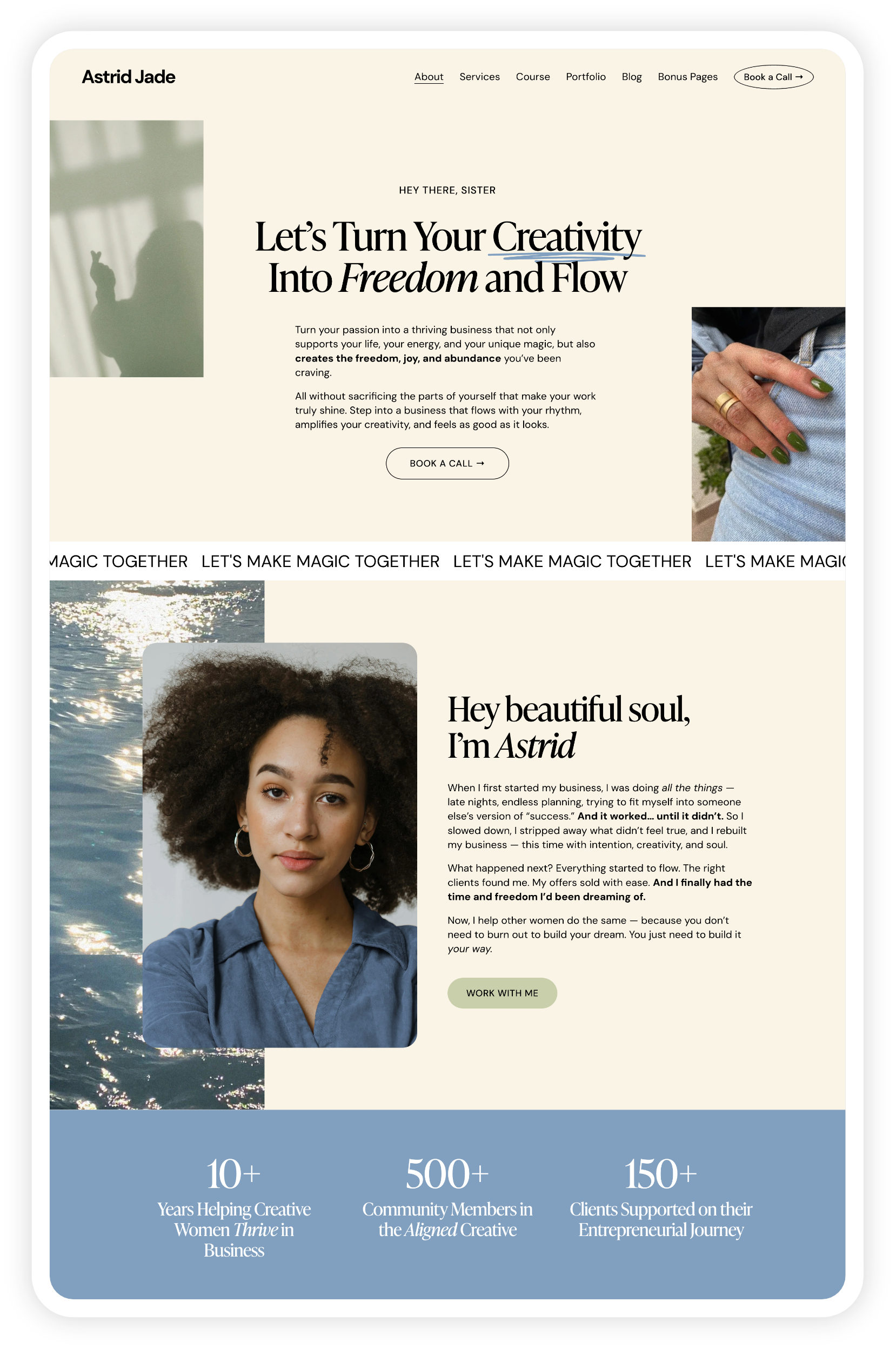 Website homepage for the DIY Astrid Jade Squarespace template by Heythere Studio for creative business coaches, featuring a navigation menu, introductory text, a call-to-action button and statistics about her business success.