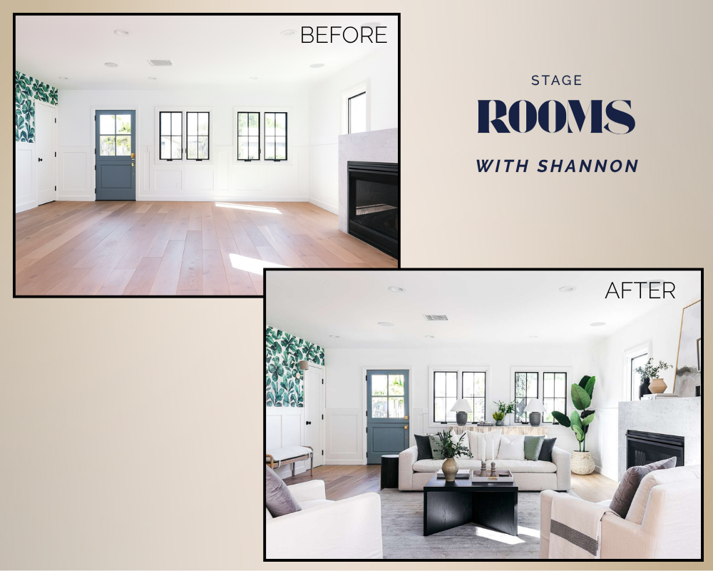 Comparison of a living room before and after renovation, showing changed furniture, decor, and color scheme.
