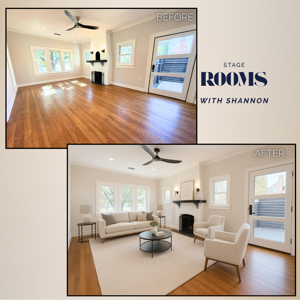 A living room before and after renovation, showing wooden floors, a ceiling fan, windows, a fireplace, and a door to an outdoor area. The 'before' image features an empty room with minimal decor, while the 'after' image is styled with a sofa, armchairs, a coffee table, lamps, and artwork.