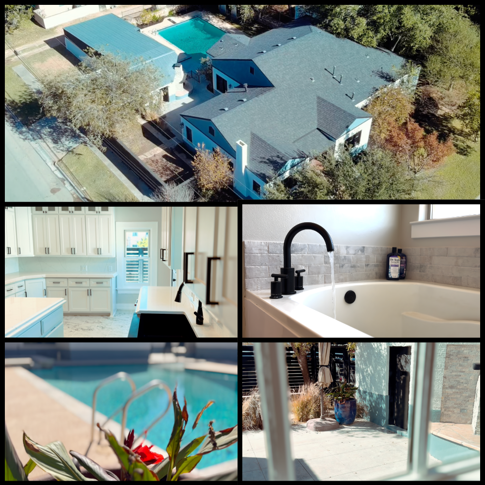 Aerial view of a house with a backyard pool area, modern kitchen interior, bathroom with a bathtub, poolside plants, and an outdoor patio with decor.