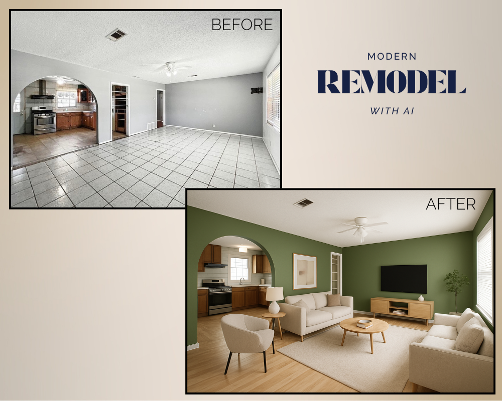 AI virtual staging for Midland real estate listing, modern furnished design created for West Texas Realtors using Shannon Ai.