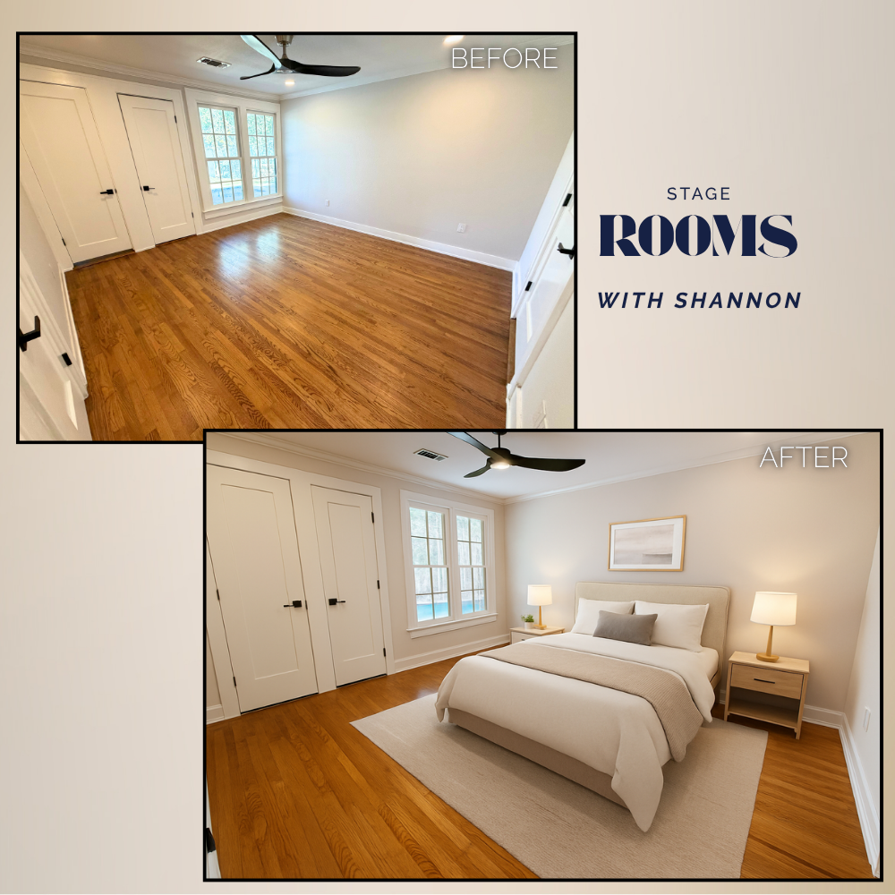 Before and after images of a bedroom renovation. In the before image, the room has white walls, a ceiling fan, hardwood floor, and double doors. In the after image, the room features a bed with white bedding, two nightstands with lamps, a framed artwork on the wall, and a light-colored rug.