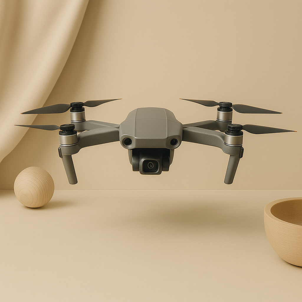 A gray drone with four propellers appears to be hovering in front of a beige background, with a wooden sphere on the left and a wooden bowl on the right.