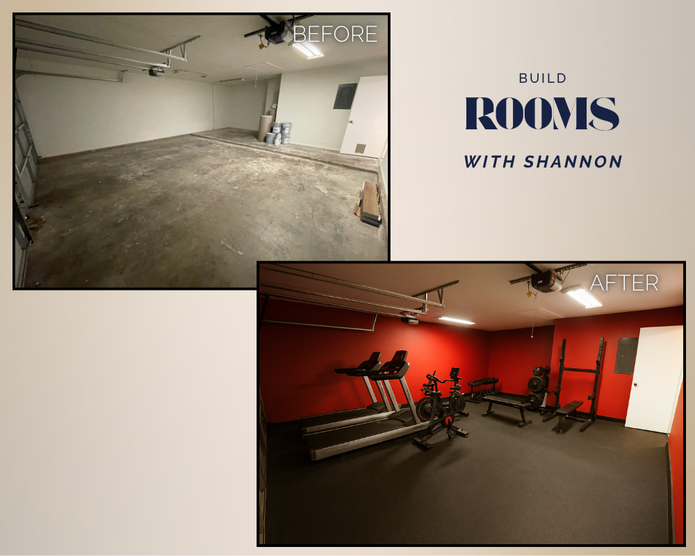 Comparison of a garage before and after renovation into a home gym, with the after image showing red walls, treadmill, exercise bike, weight bench, and gym equipment.