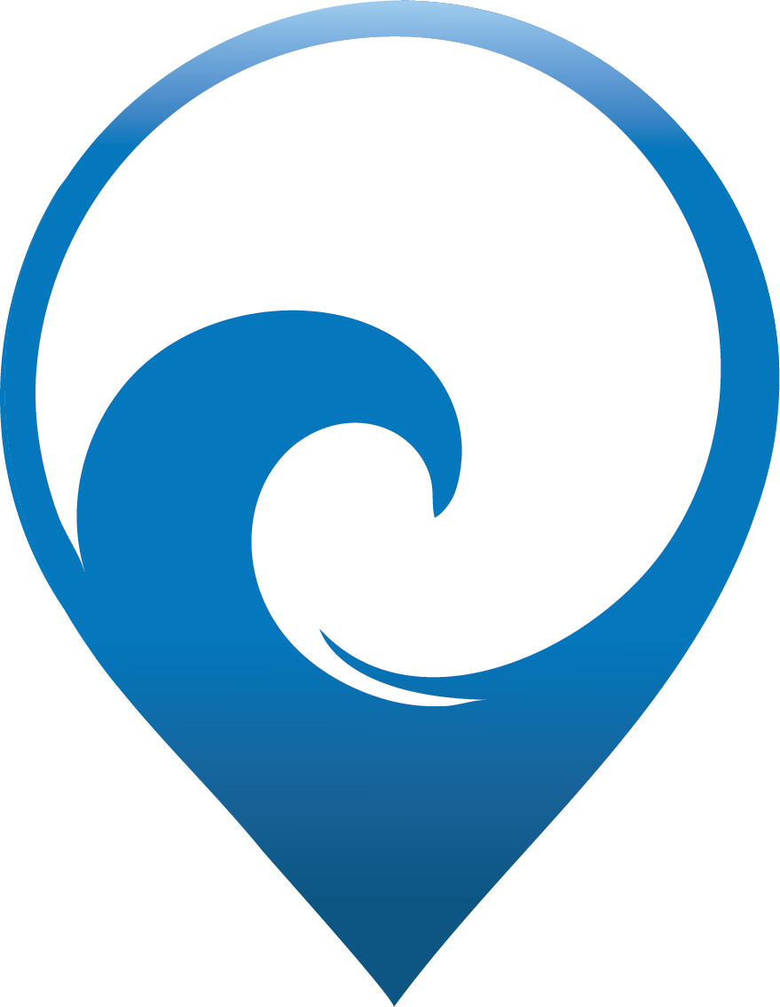 A map pin icon with a stylized wave in blue and white.