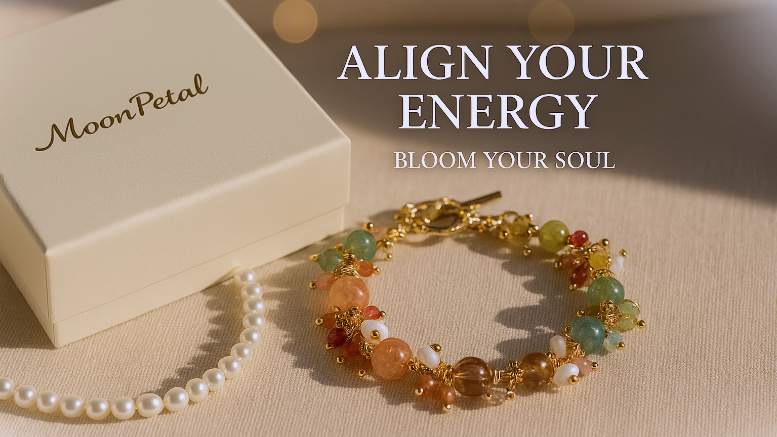A jewelry box labeled 'MoonPetal' with two pieces of jewelry—a pearl necklace and a colorful beaded bracelet—placed on a beige surface. Text on the image reads 'Align Your Energy, Bloom Your Soul.'