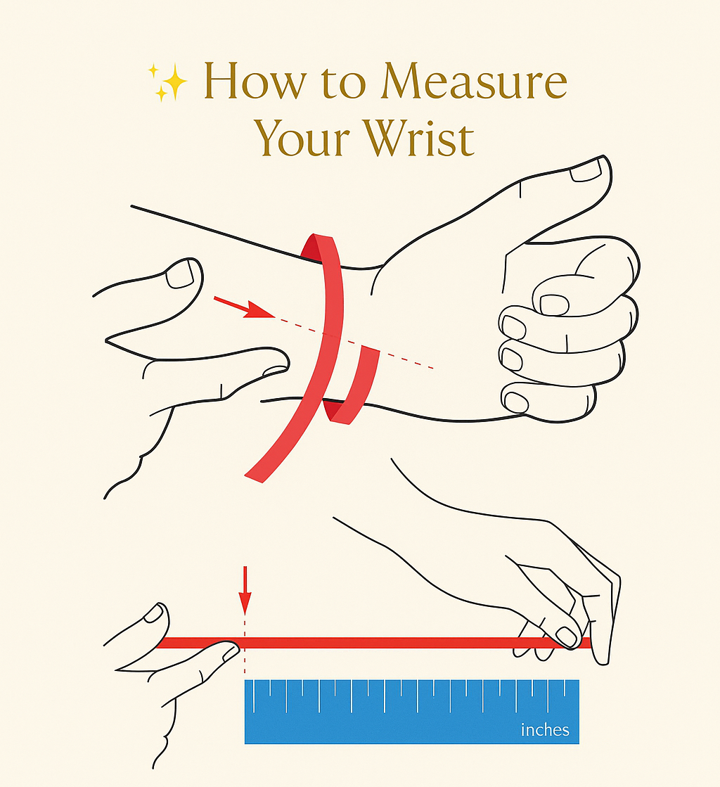 Illustration demonstrating how to measure a wrist with a ribbon and ruler, with text 'How to Measure Your Wrist' at the top.