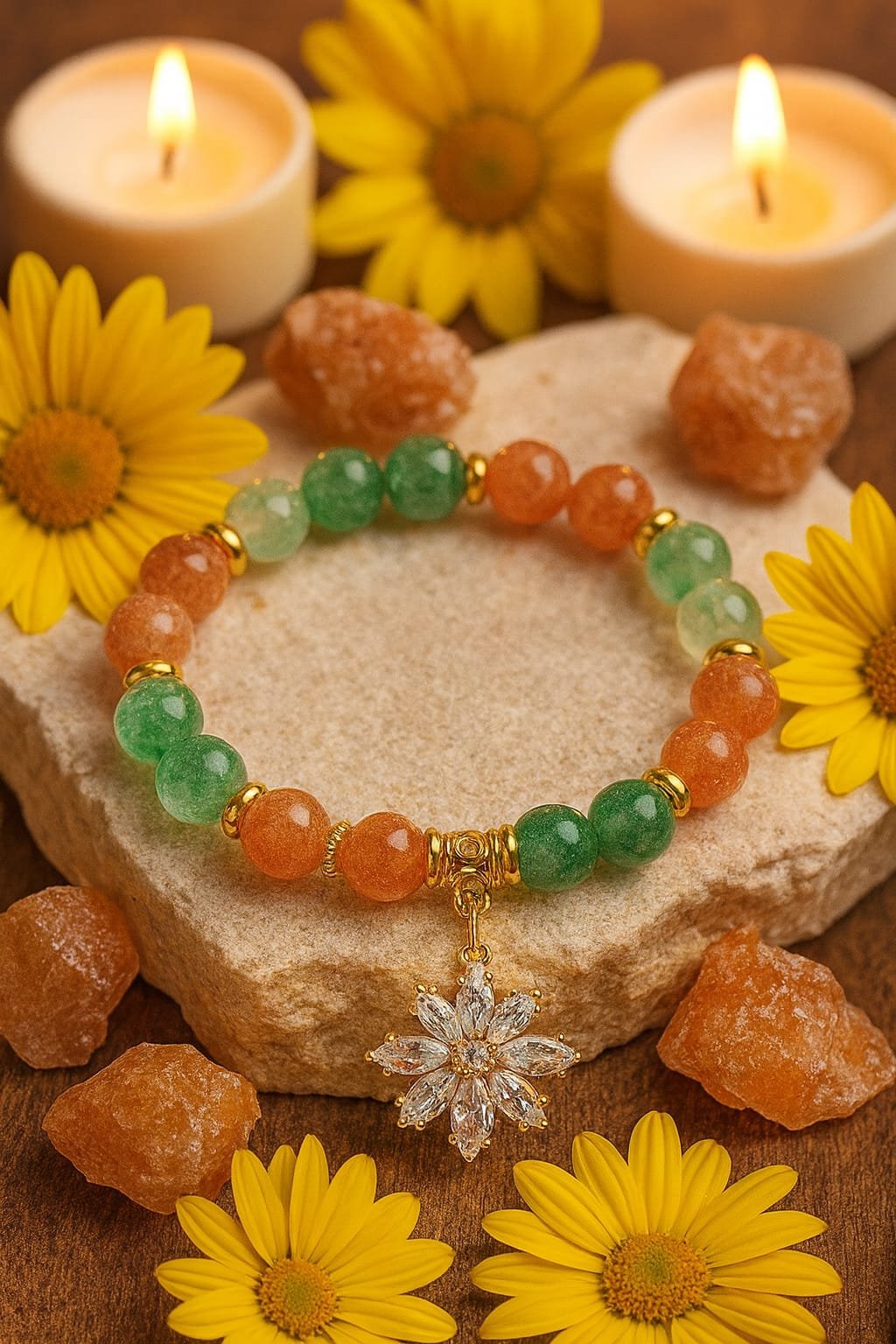 A beaded bracelet with orange and green beads and a floral pendant, surrounded by yellow flowers and two lit candles on a stone surface.