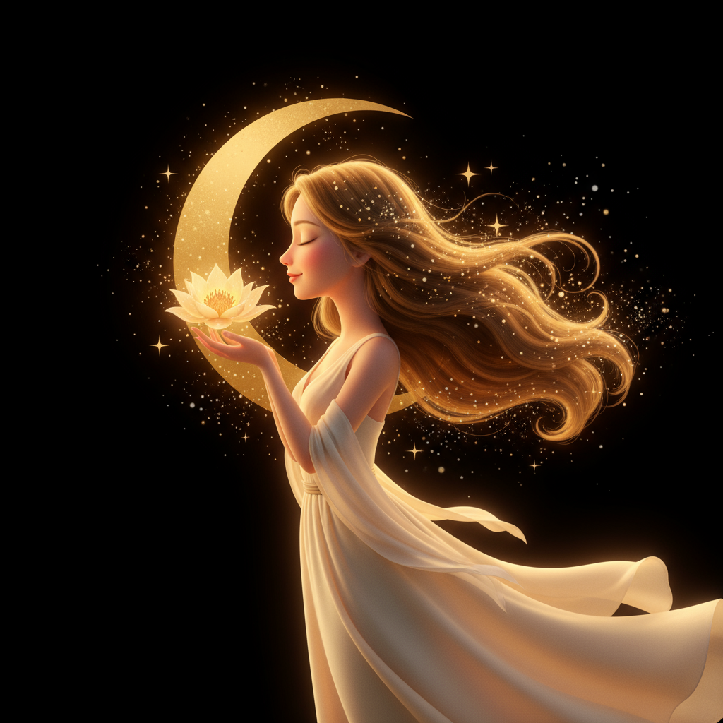 Digital illustration of a woman with flowing hair holding a glowing lotus flower, with a crescent moon and starry background.