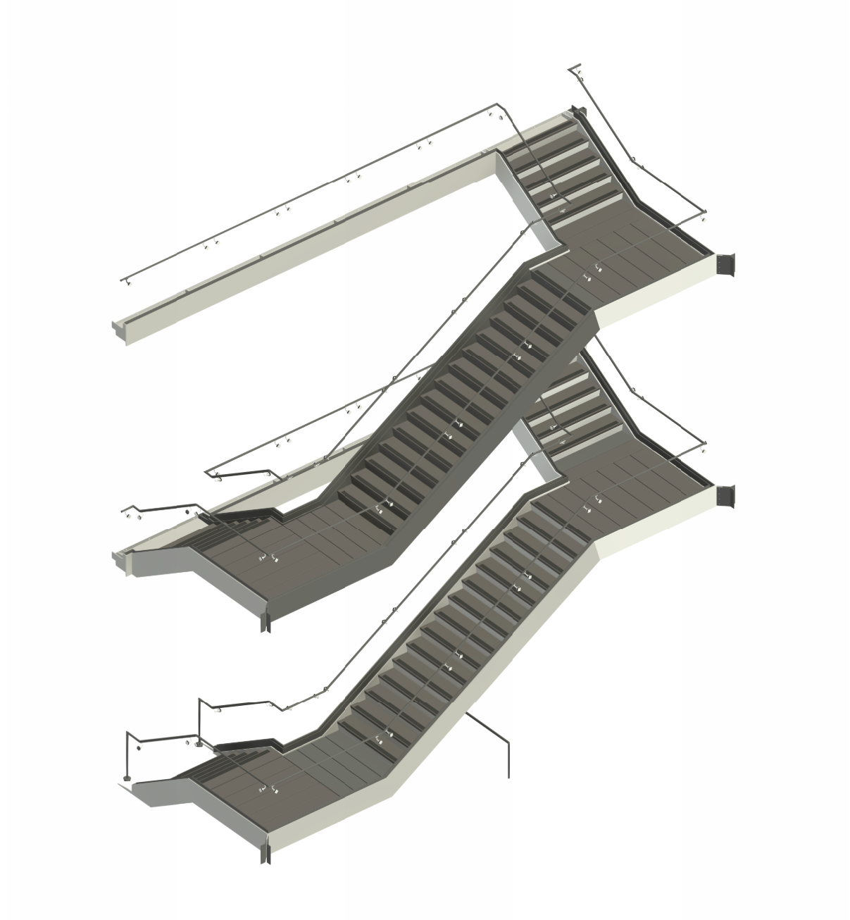 Isometric illustration of three interconnected outdoor staircases with handrails, each with different path designs and landings.