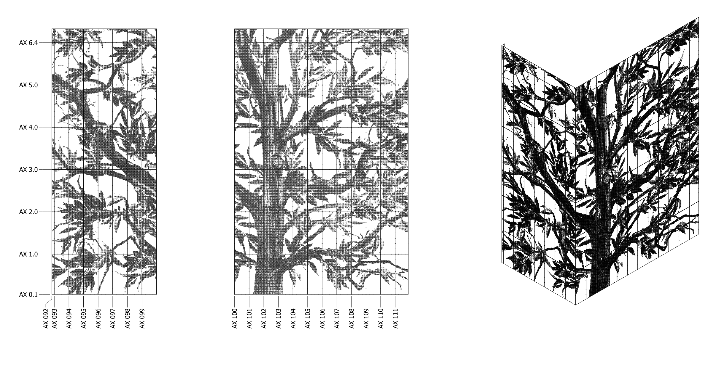Black and white technical illustration of a tree, showing detailed branches and leaves, with grid measurements on the sides and labels at the bottom.
