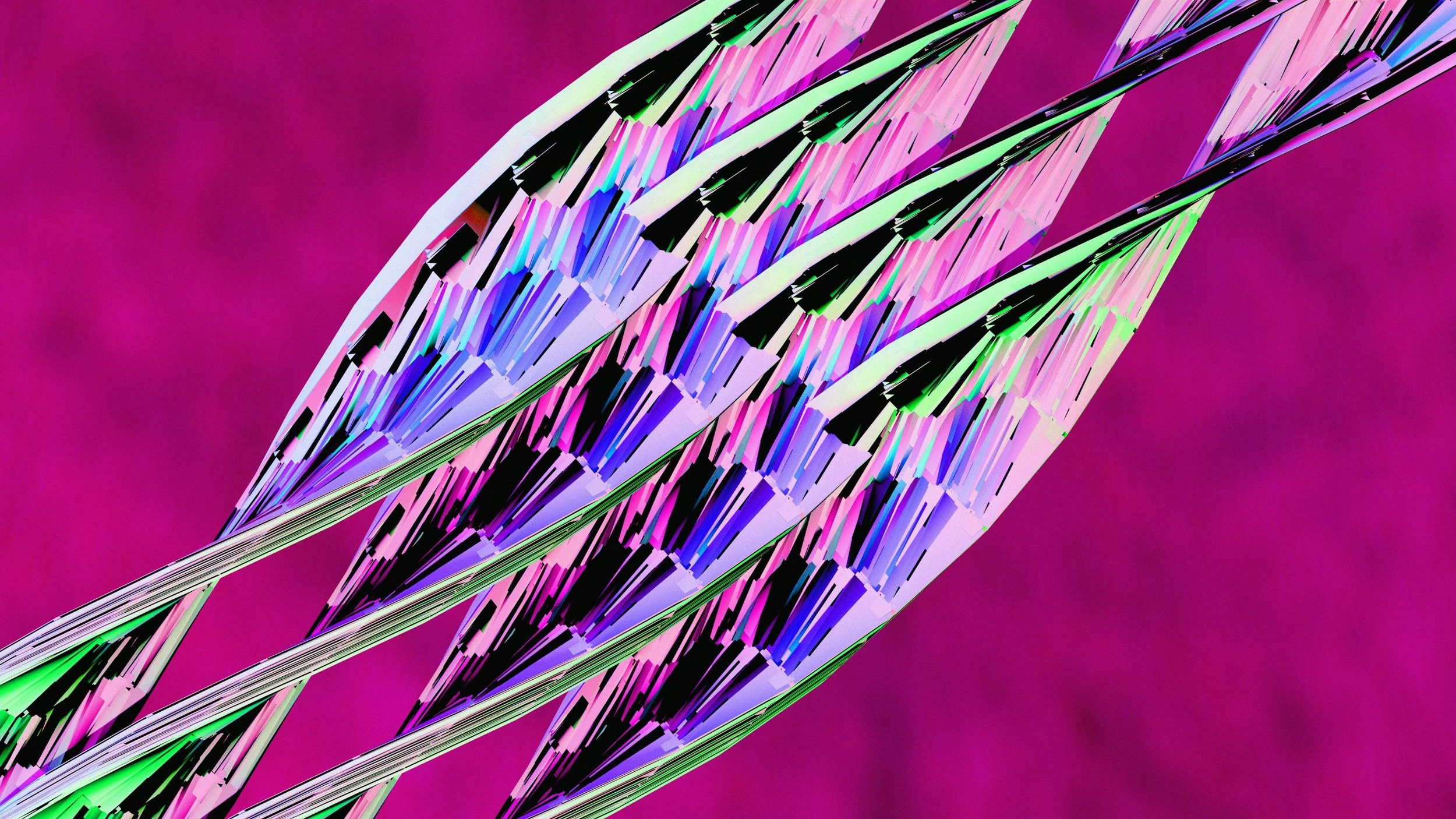 Abstract digital art featuring vibrant, geometric shapes in purple, green, black, and pink hues against a magenta background.