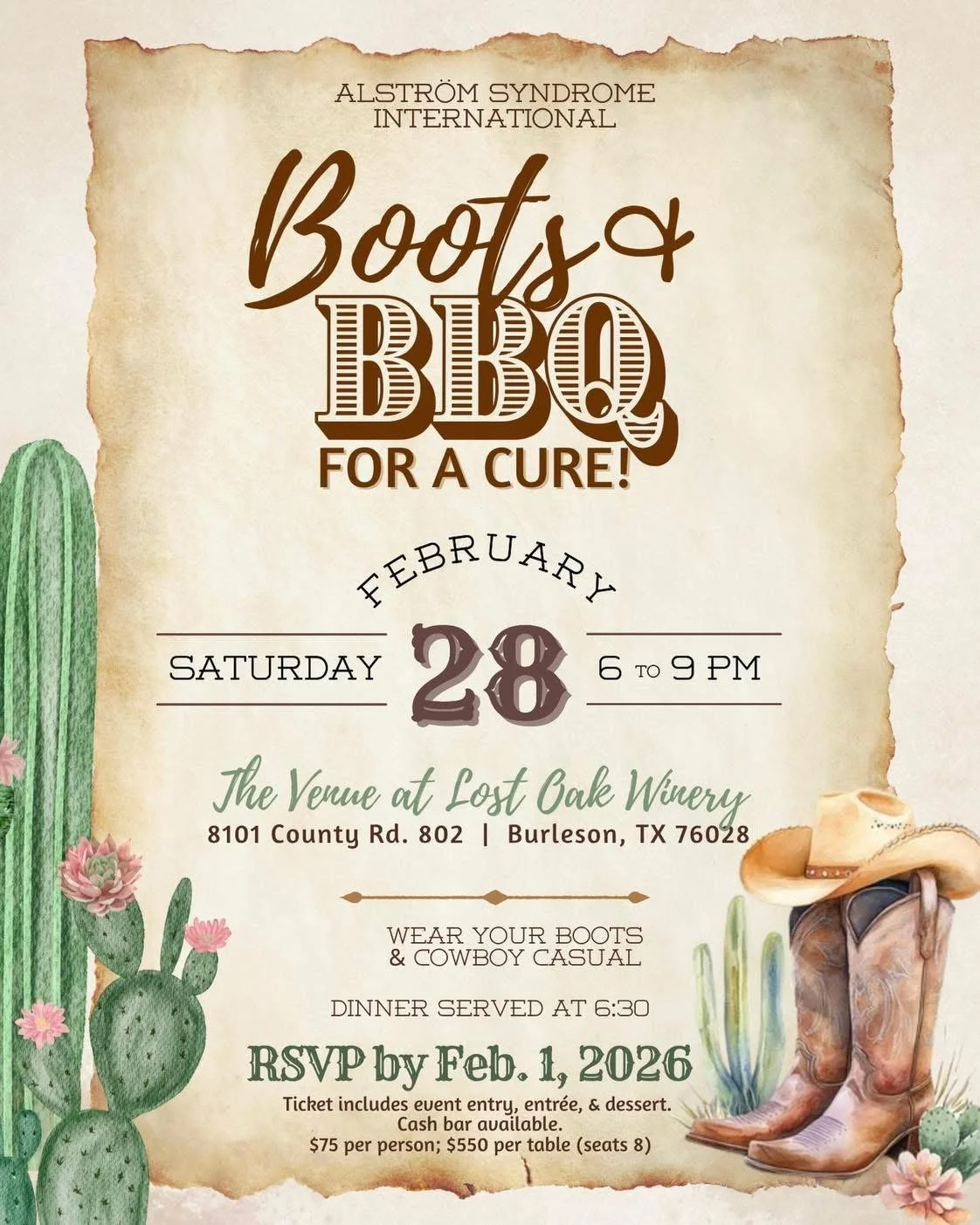 ASI Boots & BBQ Invitation for the fundraiser sinner and silent auction on Feb 28, 2026.