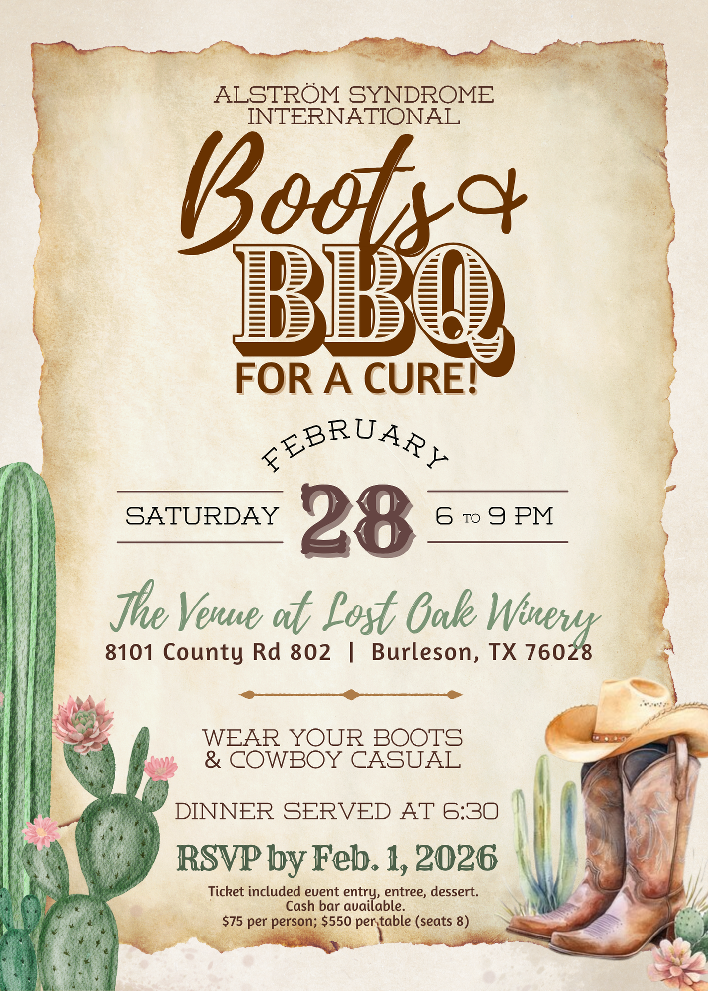 Invitation for a fundraising event titled Boots & BBQ for Alström Syndrome International, featuring cowboy themes, cactus illustrations, and southern decor, scheduled for Saturday, February 28, from 6 to 9 PM at Lost Oak Winery in Burleson, Texas.