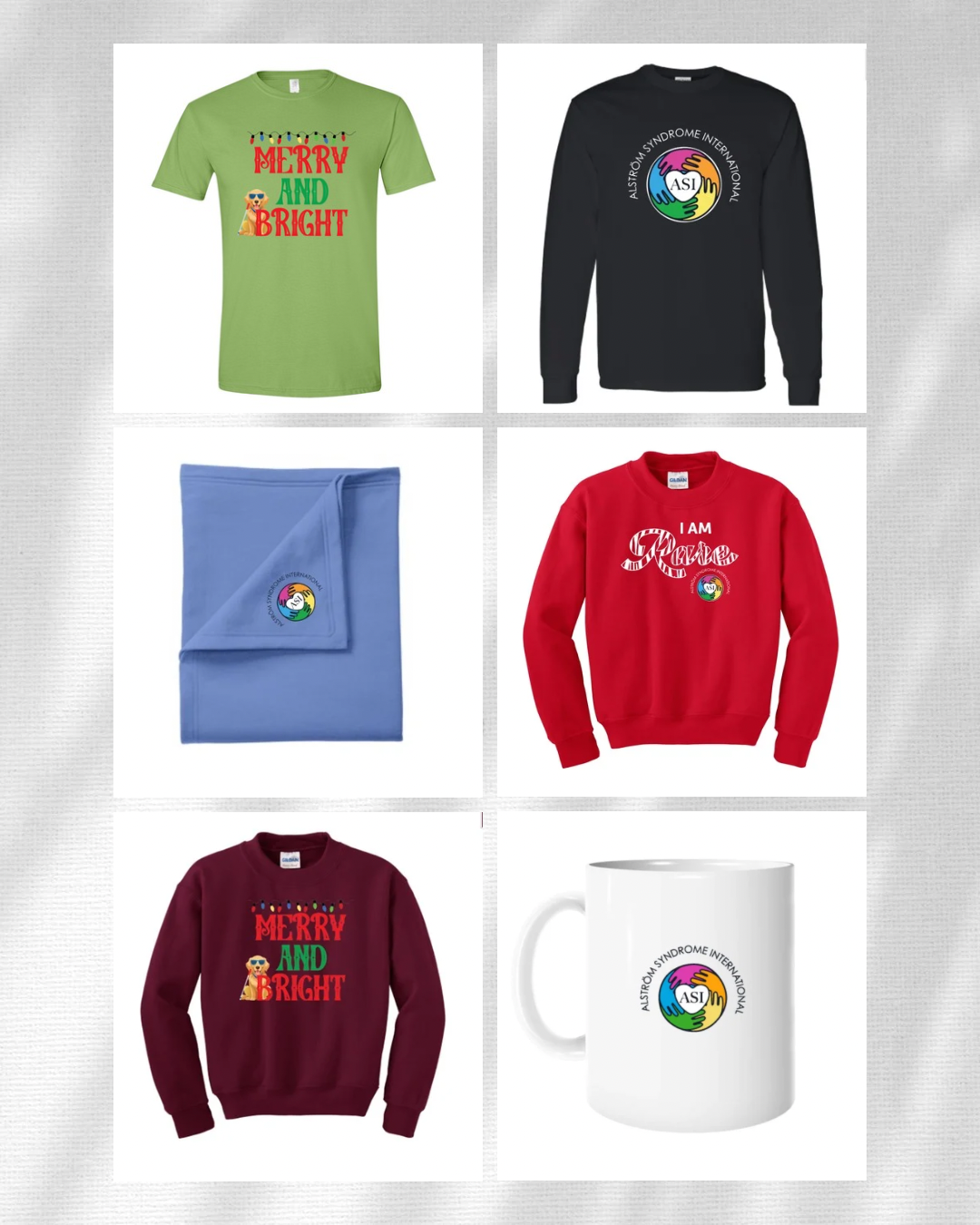 Collection of clothing and a mug featuring the Autism Spectrum International logo and holiday-themed designs.