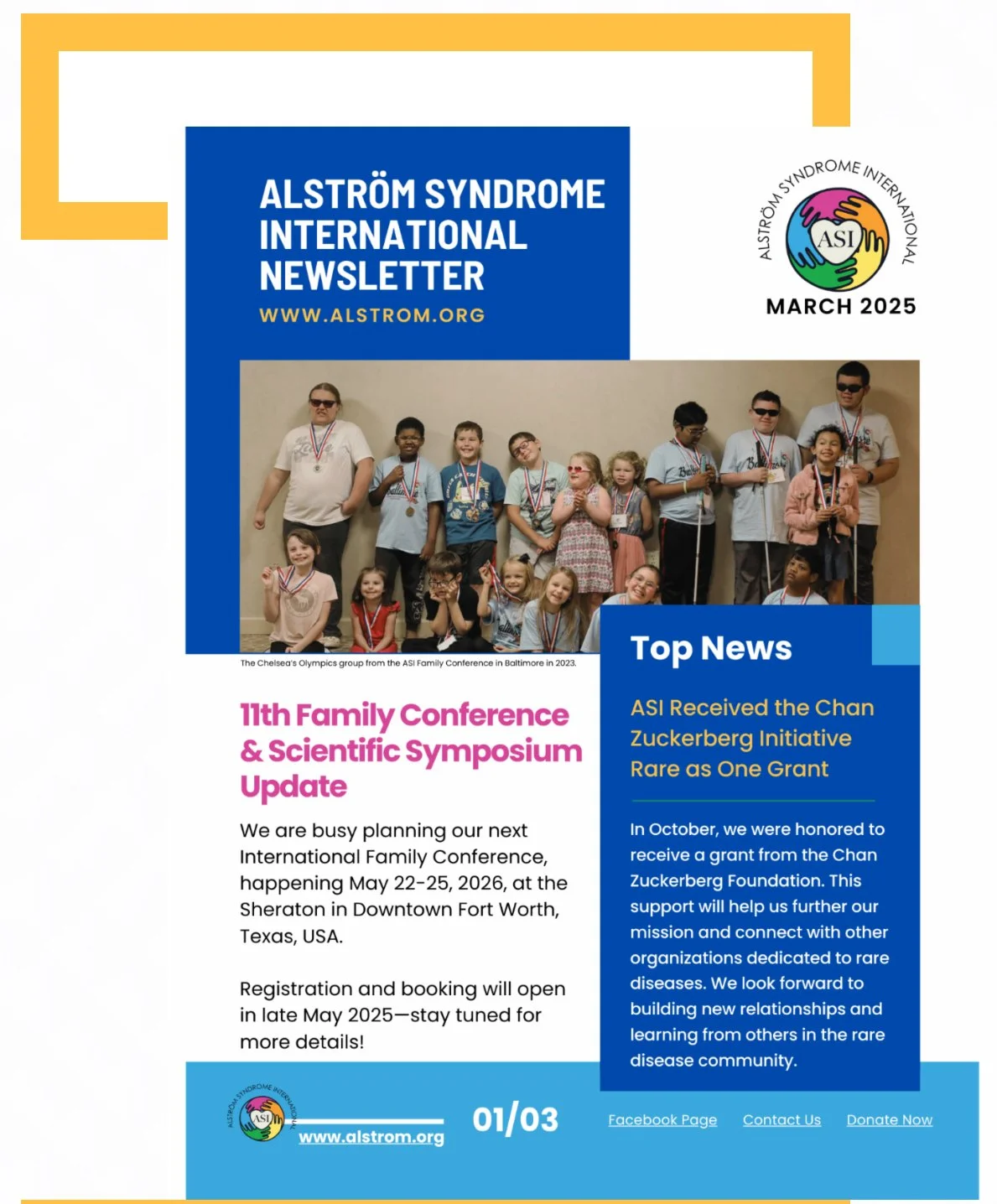 A newsletter cover for Alström Syndrome International, March 2025 issue, featuring a group photo of children and adults with Alström syndrome, smiling and wearing medals, with sections describing the 11th Family Conference and scientific updates.