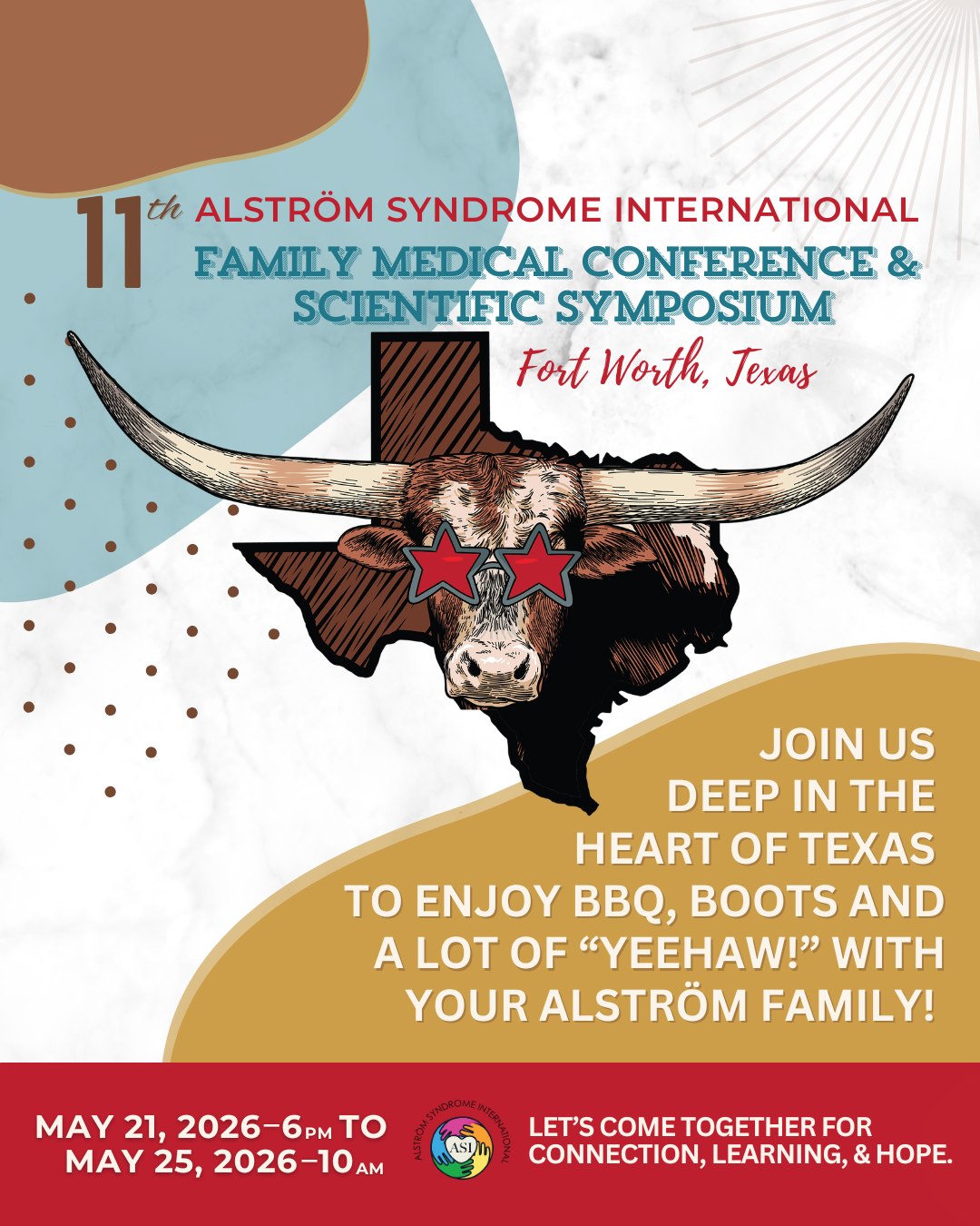 ASI Conference Image with longhorn wearing red, star-shaped glasses in front of the state of Texas.