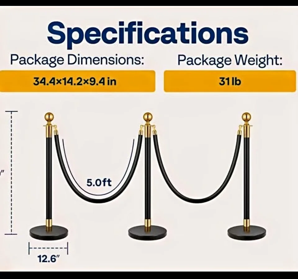 Diagram showing stanchions connected by black velvet ropes with gold accents, used for crowd control, measuring 34.4 by 14.2 by 9.4 inches, weighing 31 pounds, with a height of 5 feet and a base width of 12.6 inches.