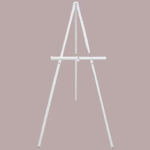 A white easel standing on a light purple background.