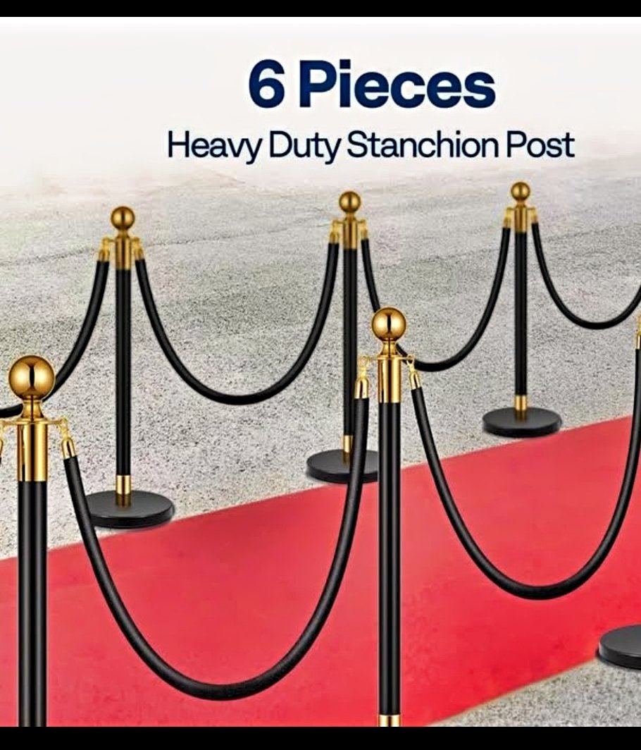 Rental: Six heavy-duty stanchion posts with black ropes and gold accents, creating a queue line on a red carpet.