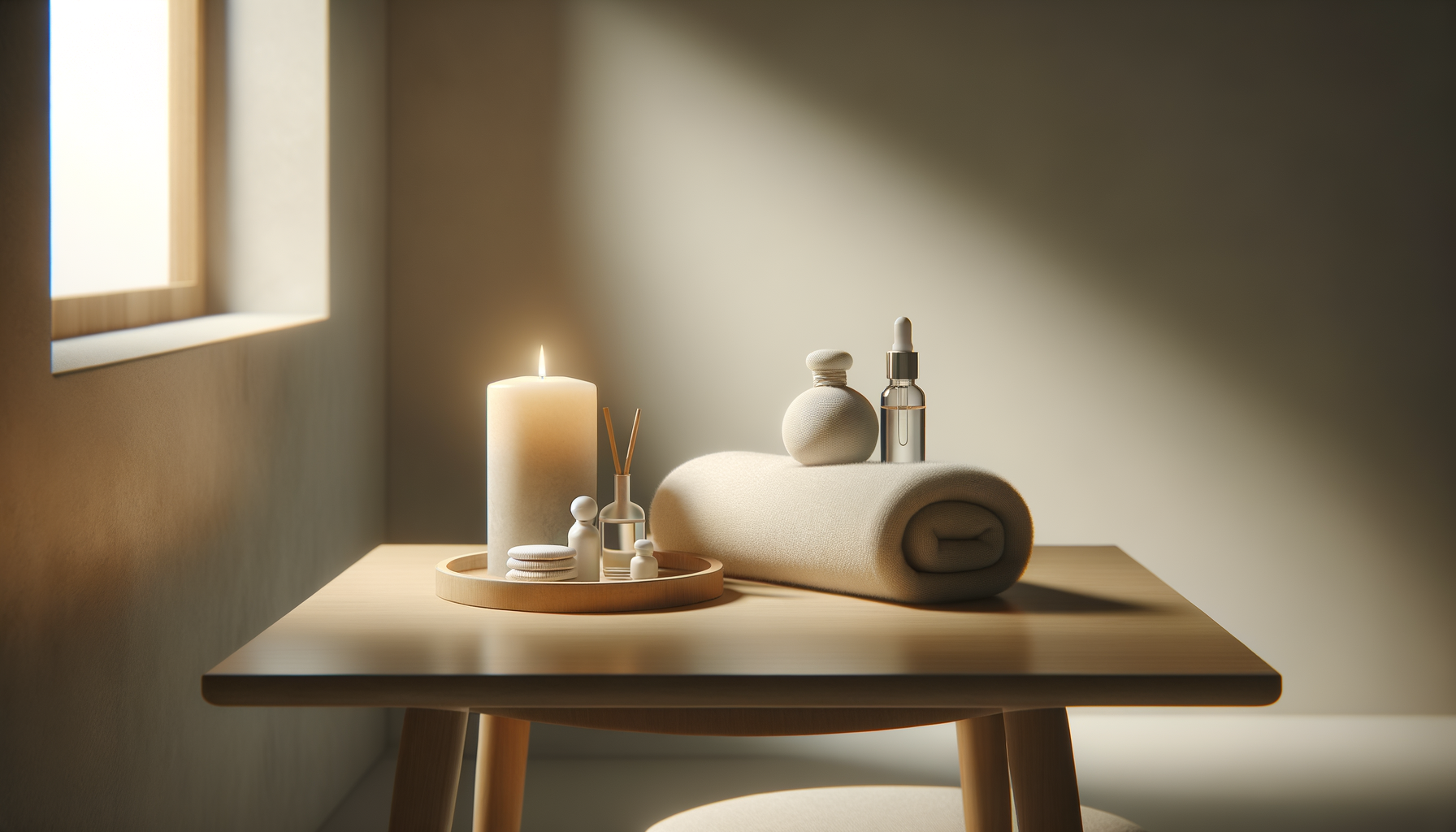 A wooden table near a window with a lit white candle, small containers, a rolled towel, and skincare bottles.