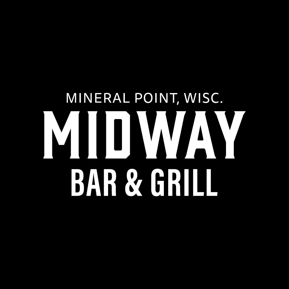 Sign for Midway Bar and Grill in Mineral Point, Wisconsin, showing the bar's name and location on a black background.
