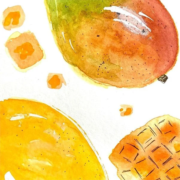 Watercolor painting of mangoes.