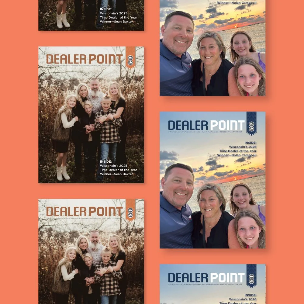 A compilation of magazine covers and photos related to Dealer Point and Wisconsin's 2025 and 2026 Time Dealer of the Year awards, featuring families and individuals at outdoor settings, including a sunset at the beach.