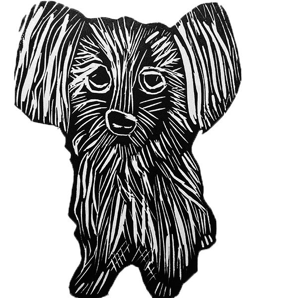 Black and white line drawing of a cute dog with large ears and detailed fur pattern.