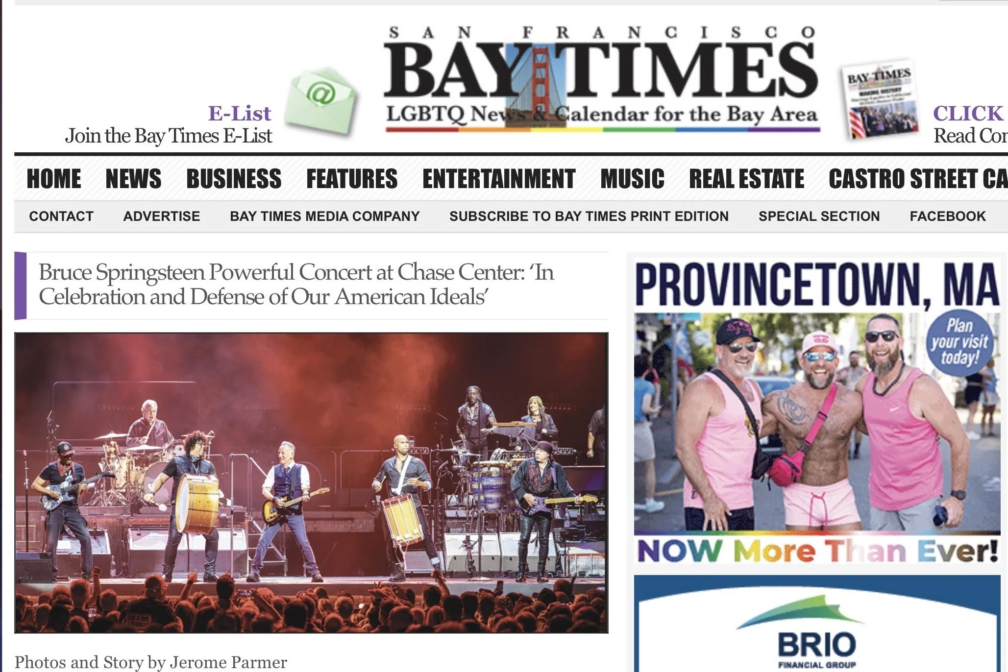 A screenshot of the San Francisco Bay Times website highlighting an article about Bruce Springsteen's concert at Chase Center, with images of a live performance and a group of three men wearing pink tank tops and shorts at a pride event.