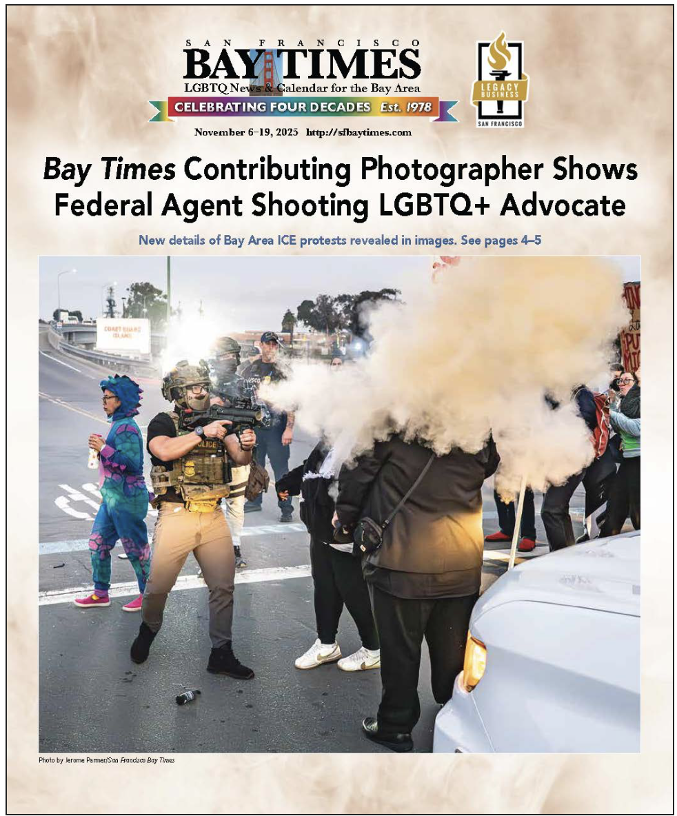 Photograph of a protest with police and demonstrators; tear gas or smoke in the air, and people holding signs.