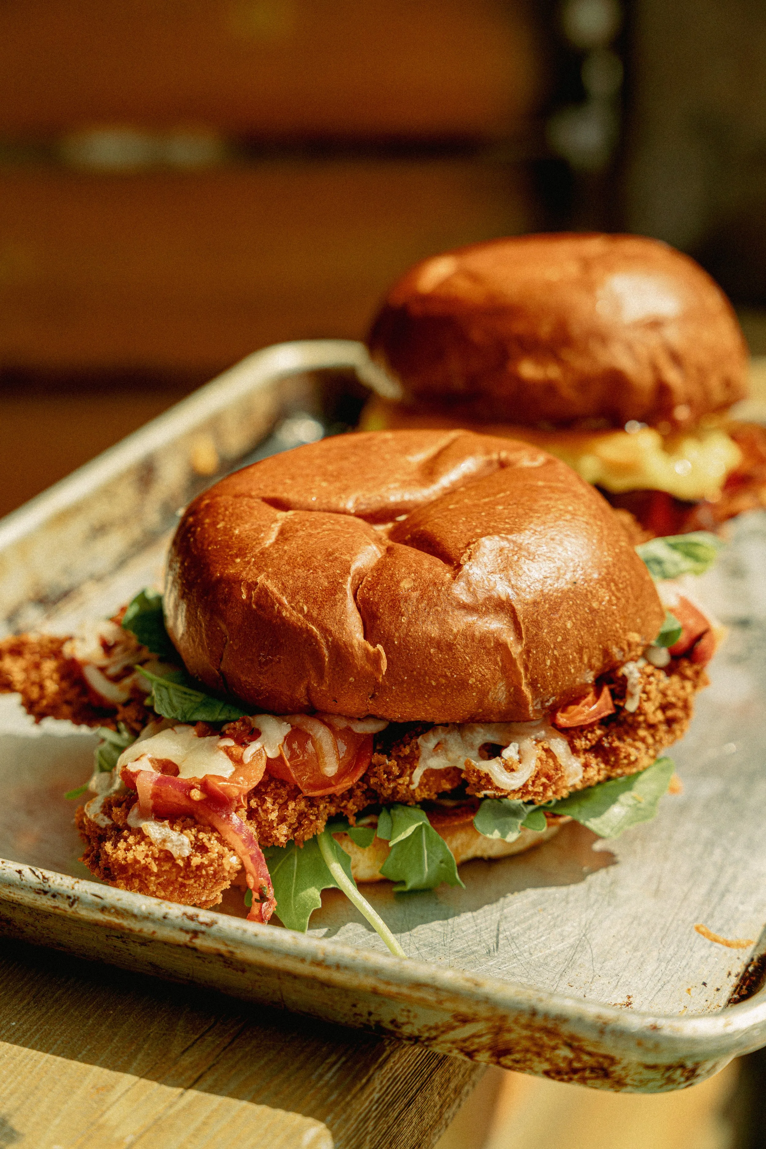 Fried Chicken Sandwich on a silver platter