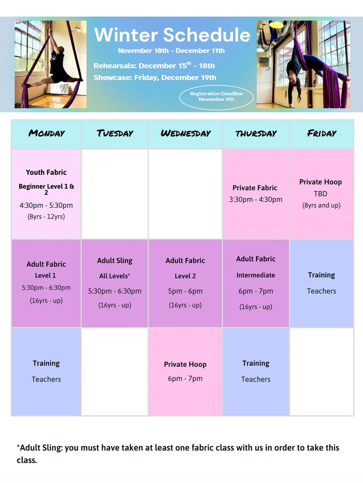 Last chance to take classes this year! 

Registration is open for: 

WINTER TERM ❄️
November 10th - December 11th

For this session of aerial classes you will have the opportunity to showcase what you&rsquo;ve learned after a six week period at the F