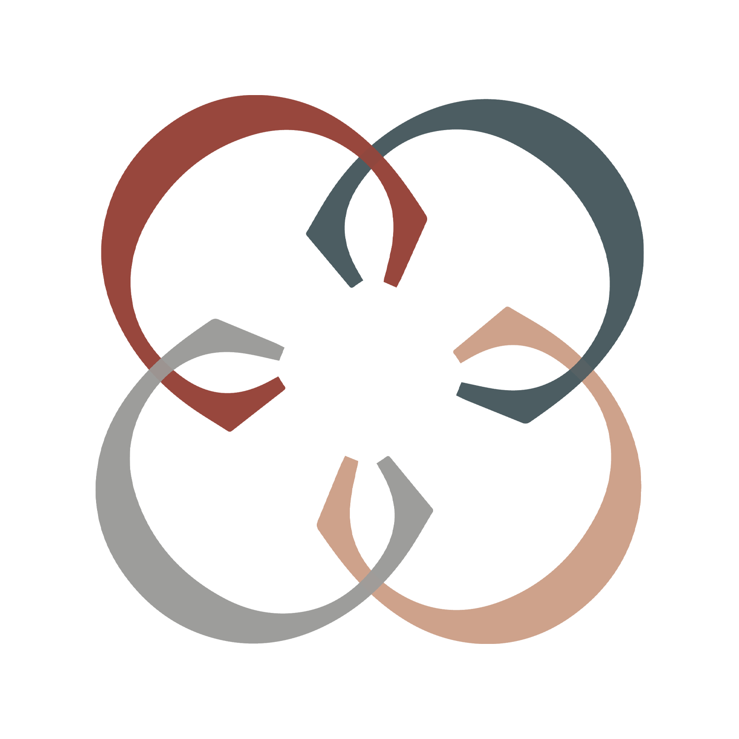 A circular diagram with interconnected loops in shades of red, gray, blue, and beige on a white background.